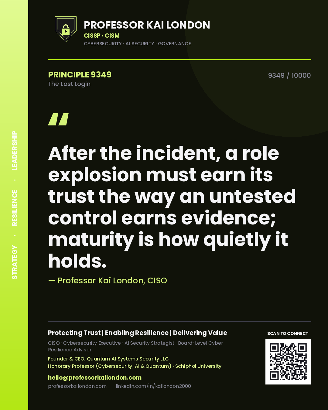 Quote card by Professor Kai London reading 'After the incident, a role explosion must earn its trust the way an untested control earns evidence; maturity is how quietly it holds.'. From the book The Last Login.
