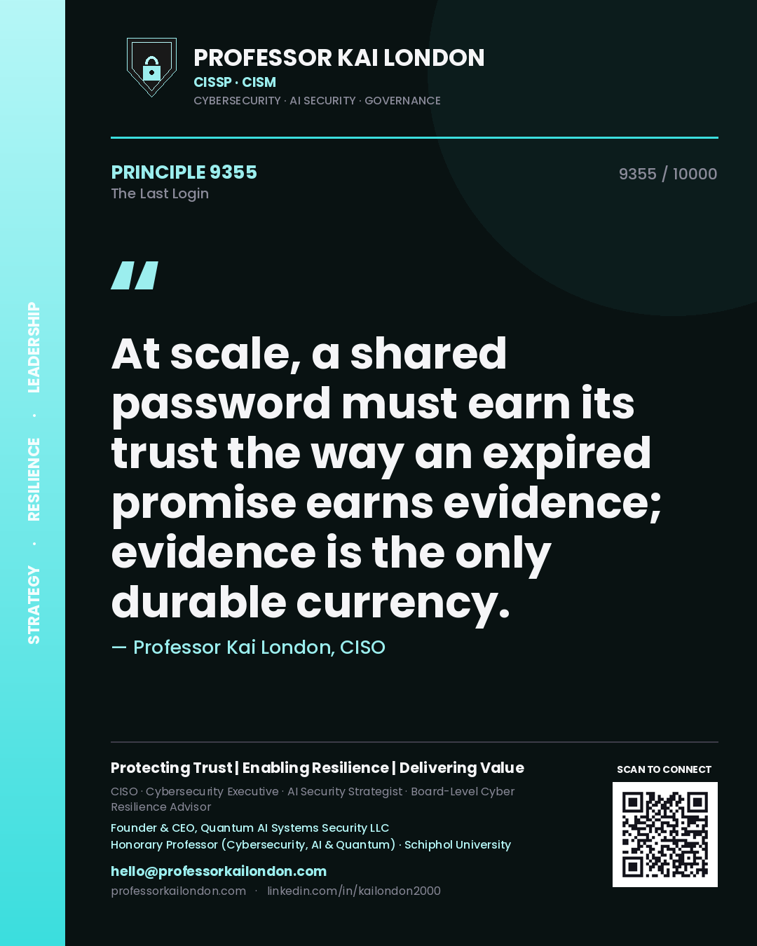 Professor Kai London principle 9355: At scale, a shared password must earn its trust the way an expired promise earns evidence; evidence is the only durable currency.