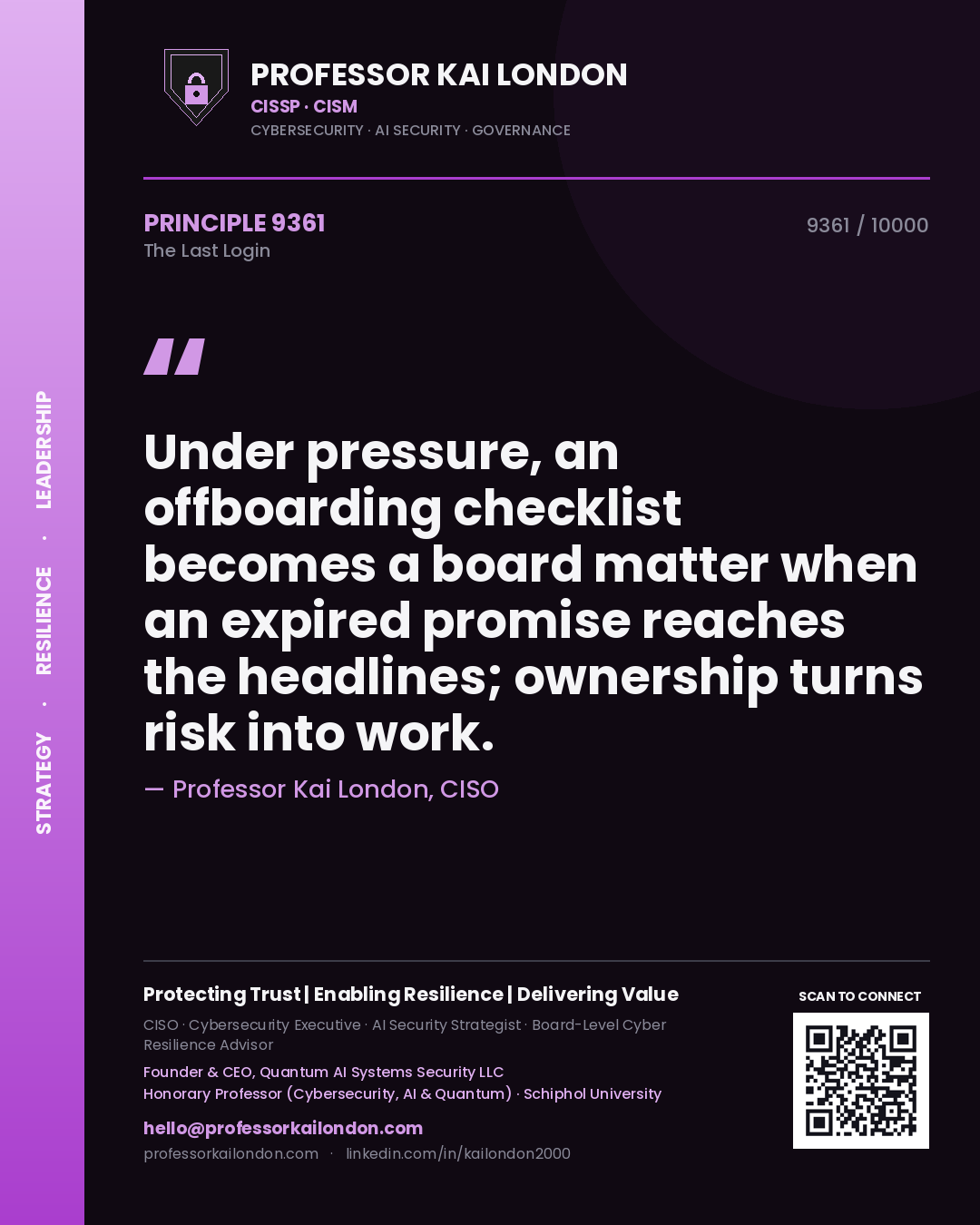 Quote card by Professor Kai London reading 'Under pressure, an offboarding checklist becomes a board matter when an expired promise reaches the headlines; ownership turns risk into work.'. From the book The Last Login.