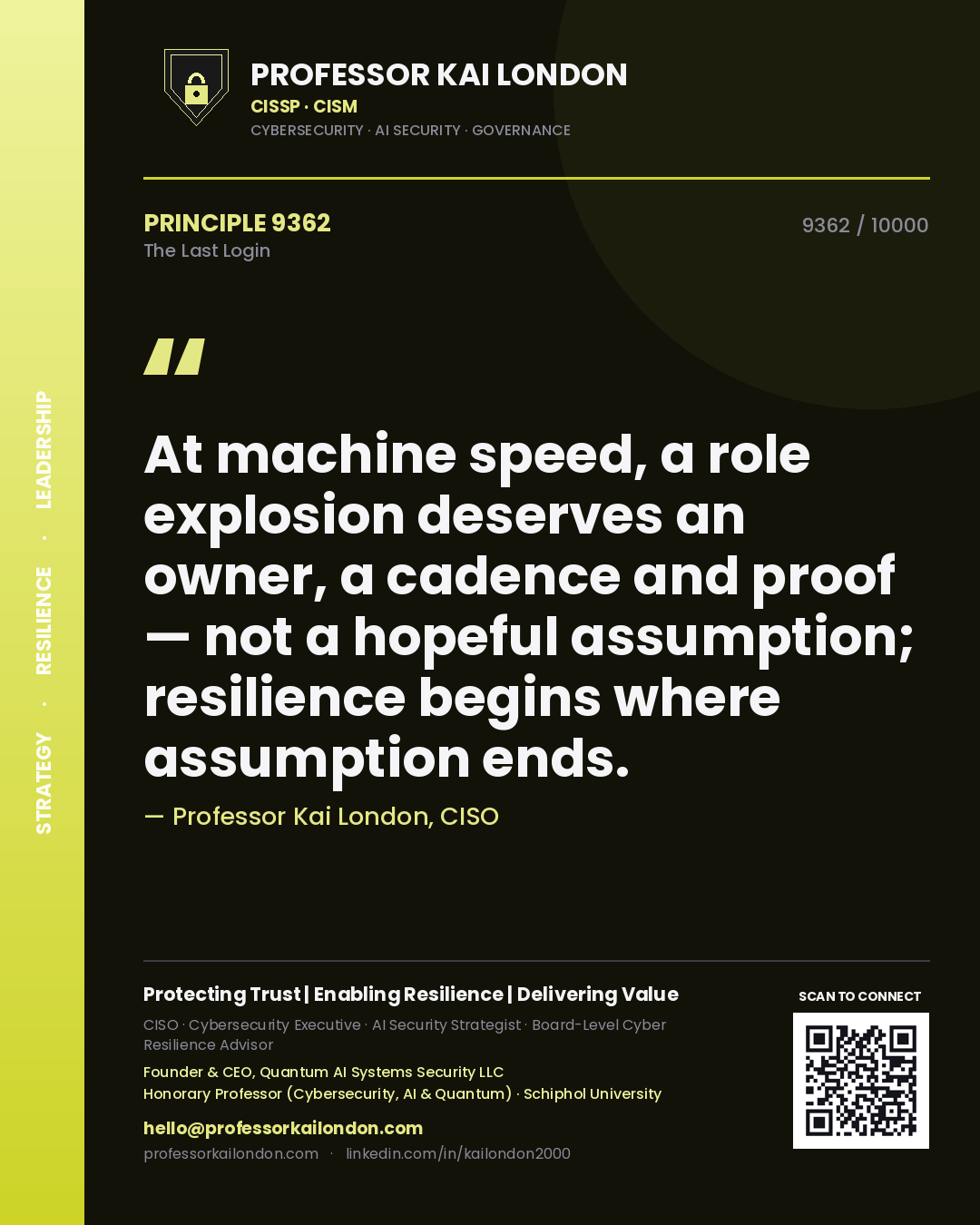 Quote card by Professor Kai London reading 'At machine speed, a role explosion deserves an owner, a cadence and proof — not a hopeful assumption; resilience begins where assumption ends.'. From the book The Last Login.