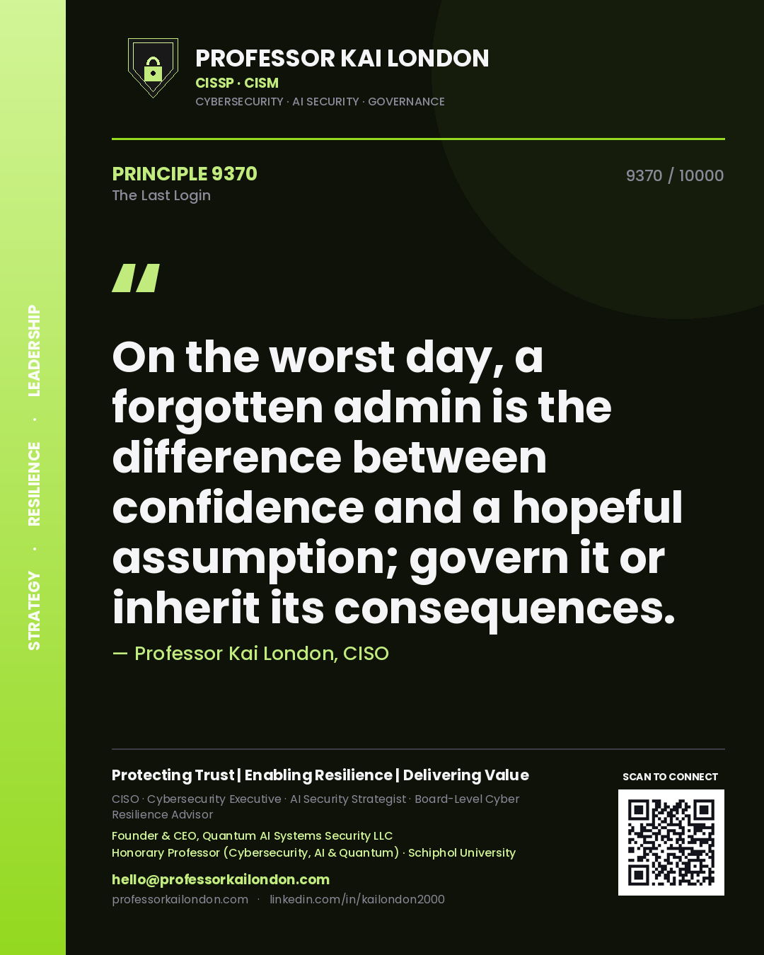 Quote card by Professor Kai London reading 'On the worst day, a forgotten admin is the difference between confidence and a hopeful assumption; govern it or inherit its consequences.'. From the book The Last Login.