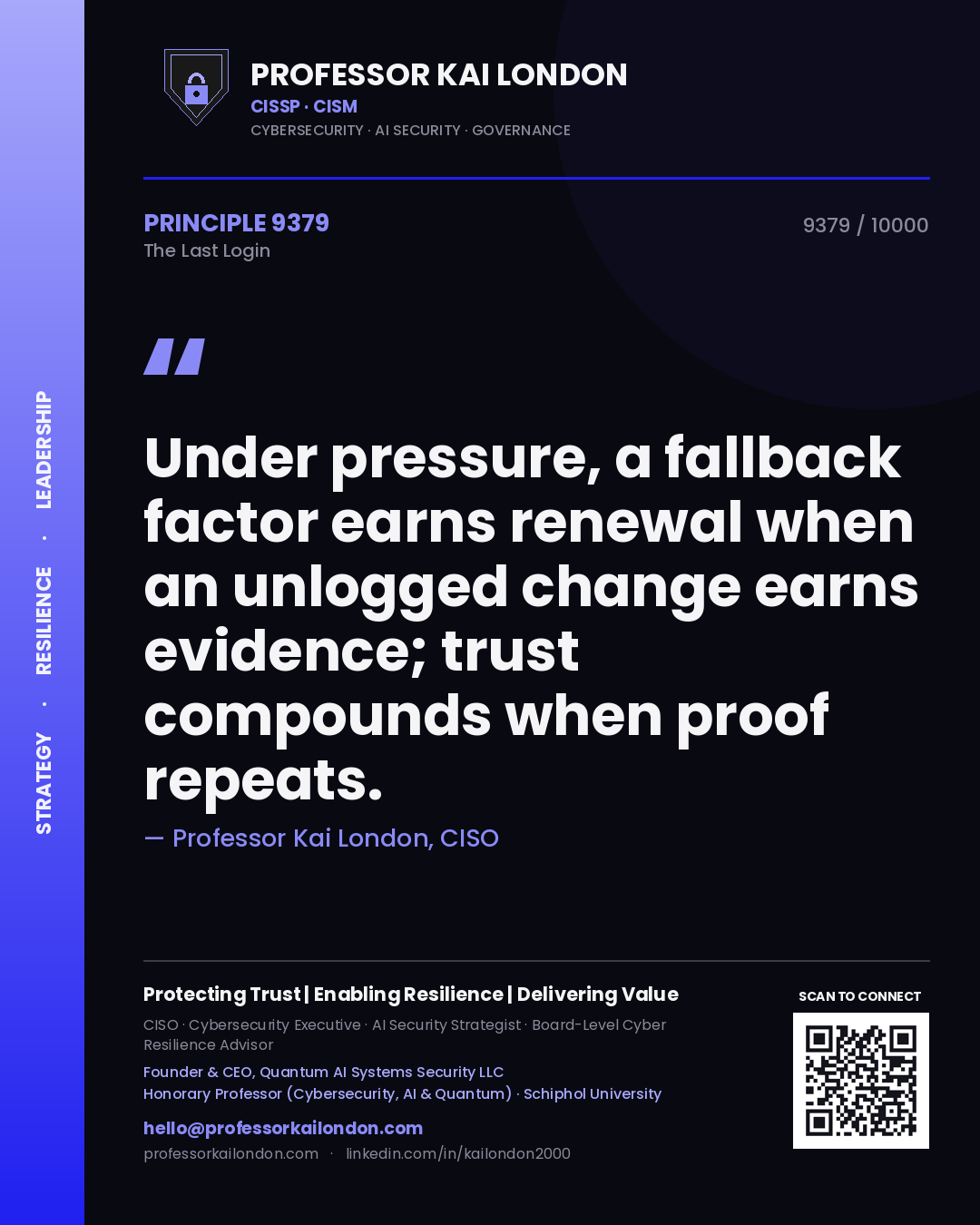 Quote card by Professor Kai London reading 'Under pressure, a fallback factor earns renewal when an unlogged change earns evidence; trust compounds when proof repeats.'. From the book The Last Login.