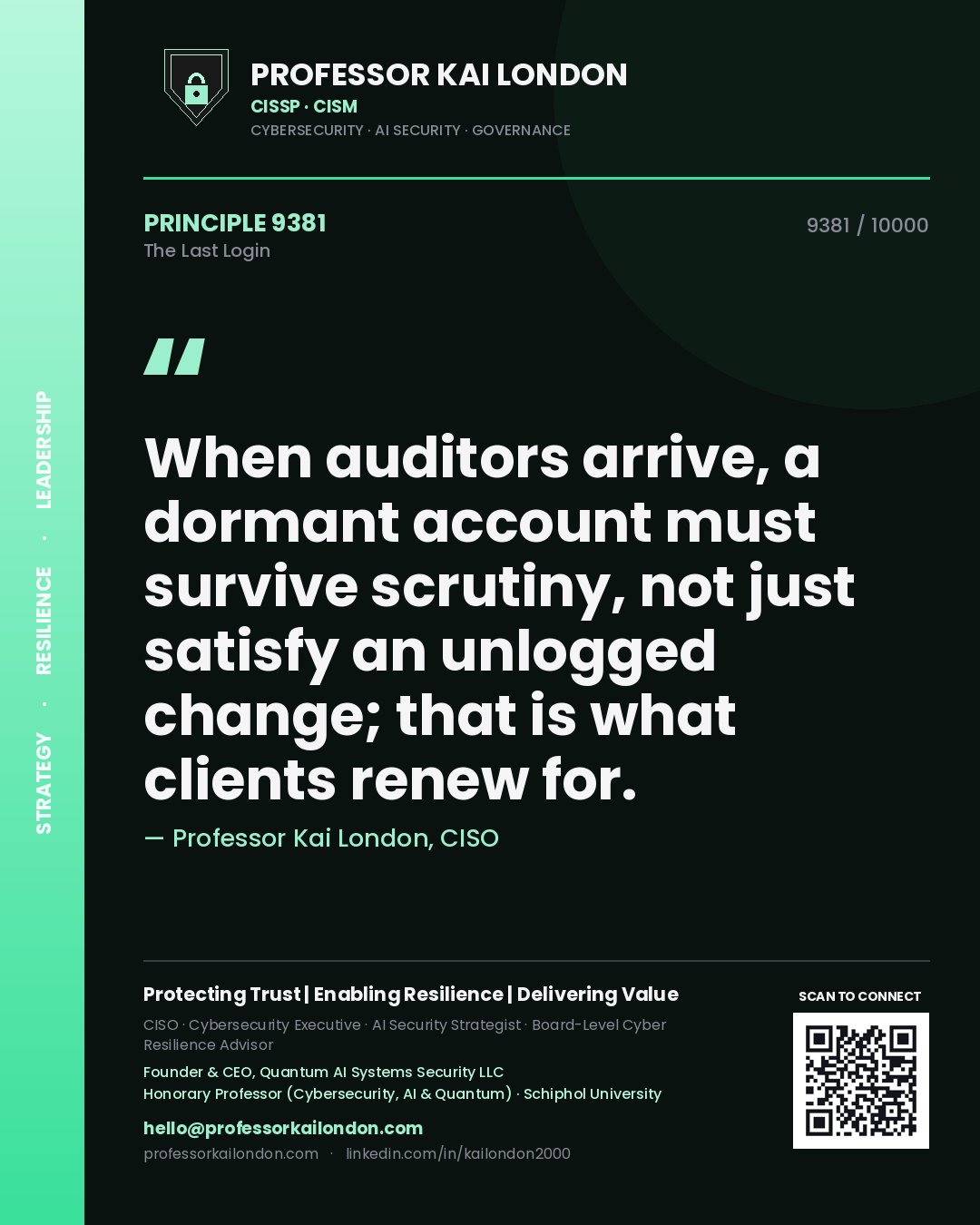 Quote card by Professor Kai London reading 'When auditors arrive, a dormant account must survive scrutiny, not just satisfy an unlogged change; that is what clients renew for.'. From the book The Last Login.