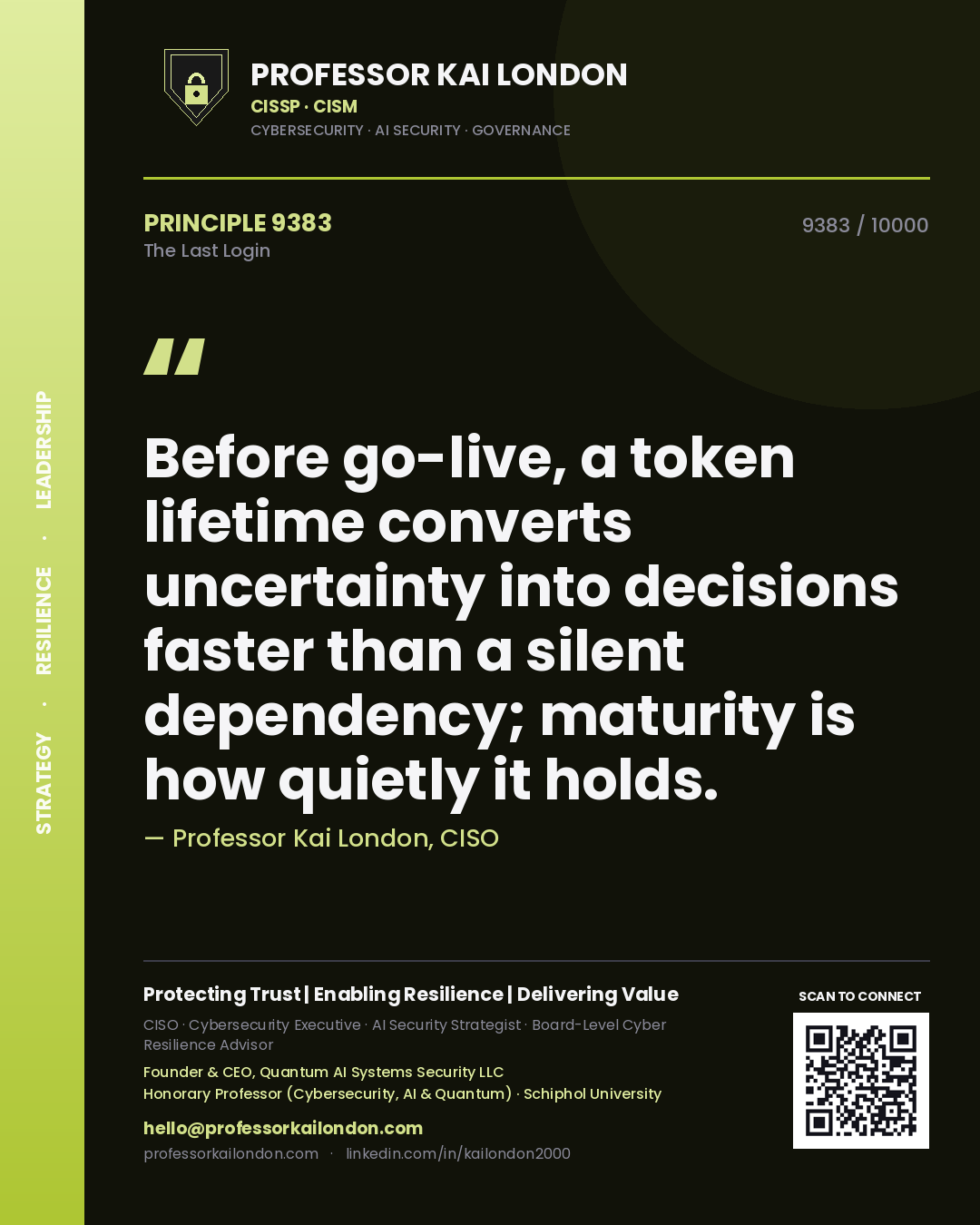 Professor Kai London principle 9383: Before go-live, a token lifetime converts uncertainty into decisions faster than a silent dependency; maturity is how quietly it holds.