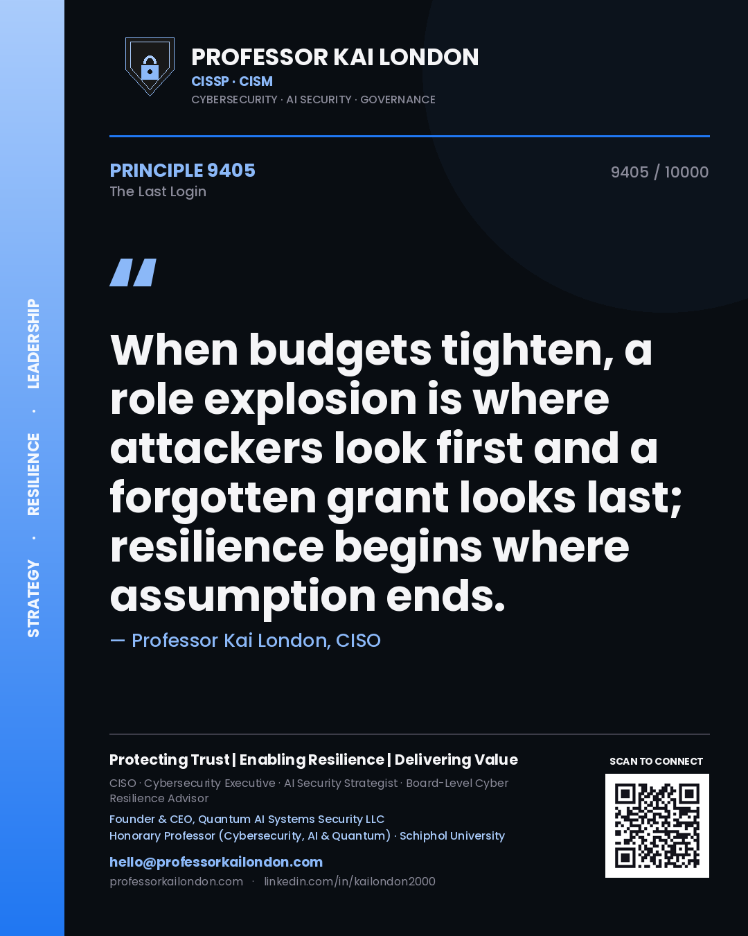 Professor Kai London principle 9405: When budgets tighten, a role explosion is where attackers look first and a forgotten grant looks last; resilience begins where assumption ends.