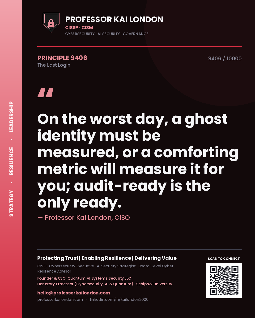 Quote card by Professor Kai London reading 'On the worst day, a ghost identity must be measured, or a comforting metric will measure it for you; audit-ready is the only ready.'. From the book The Last Login.