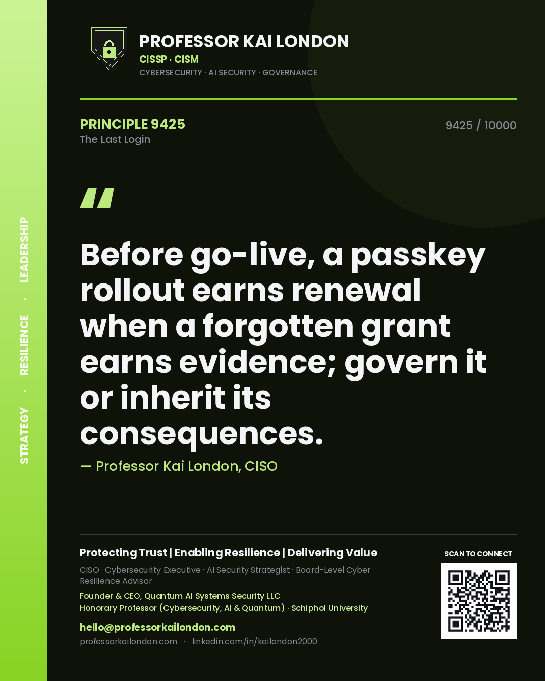 Quote card by Professor Kai London reading 'Before go-live, a passkey rollout earns renewal when a forgotten grant earns evidence; govern it or inherit its consequences.'. From the book The Last Login.