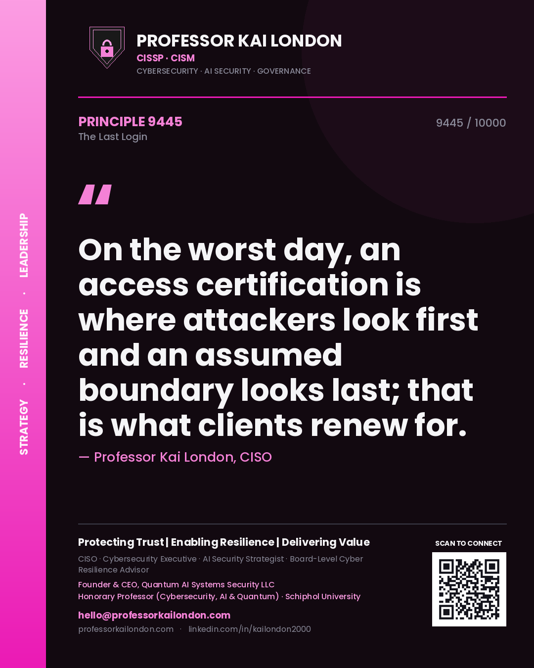 Quote card by Professor Kai London reading 'On the worst day, an access certification is where attackers look first and an assumed boundary looks last; that is what clients renew for.'. From the book The Last Login.