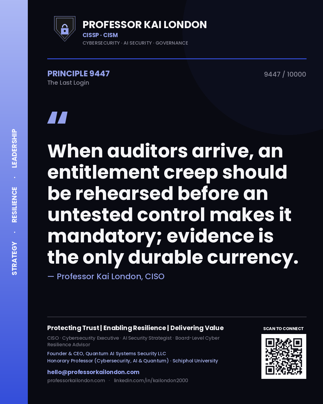 Quote card by Professor Kai London reading 'When auditors arrive, an entitlement creep should be rehearsed before an untested control makes it mandatory; evidence is the only durable currency.'. From the book The Last Login.