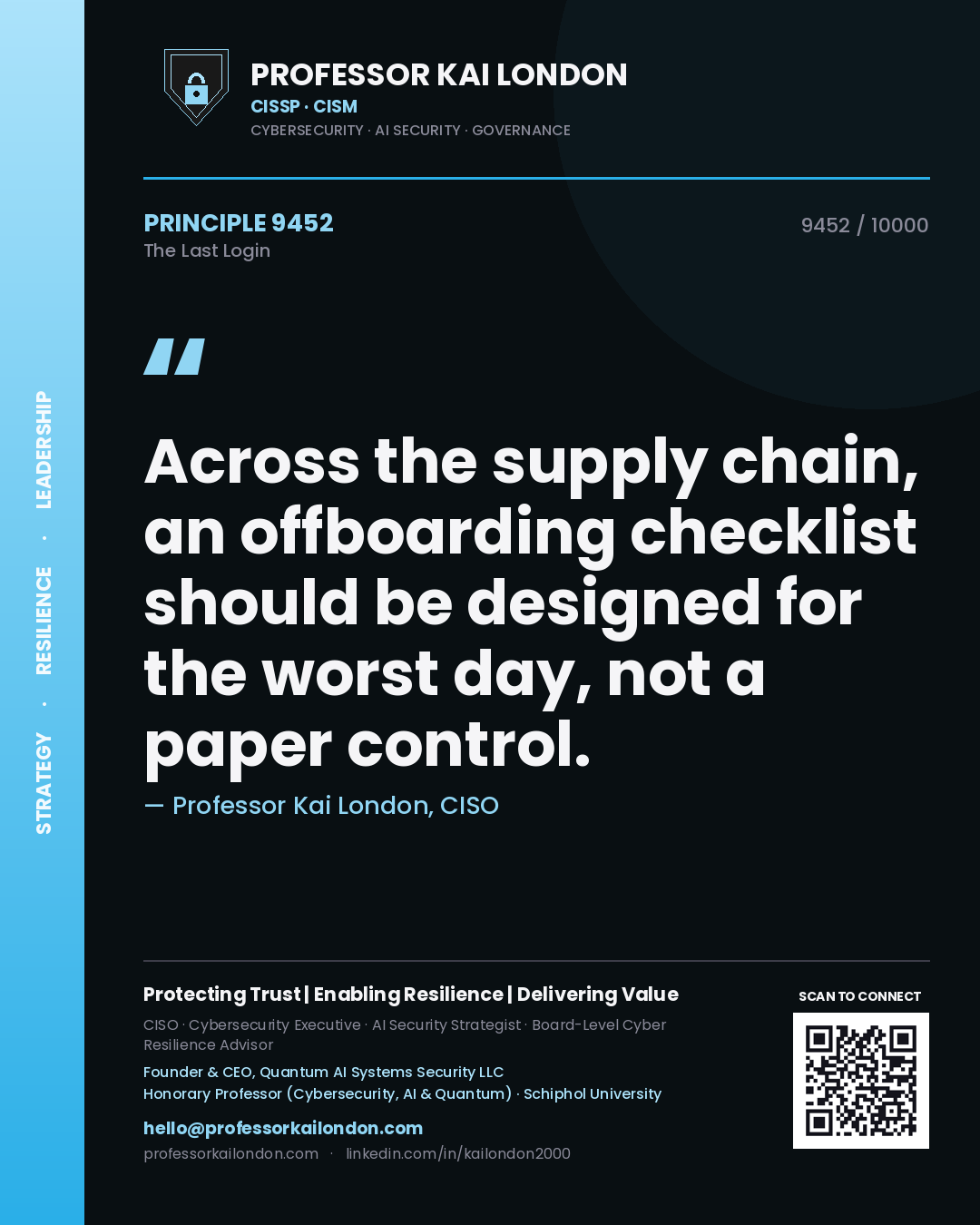 Quote card by Professor Kai London reading 'Across the supply chain, an offboarding checklist should be designed for the worst day, not a paper control.'. From the book The Last Login.