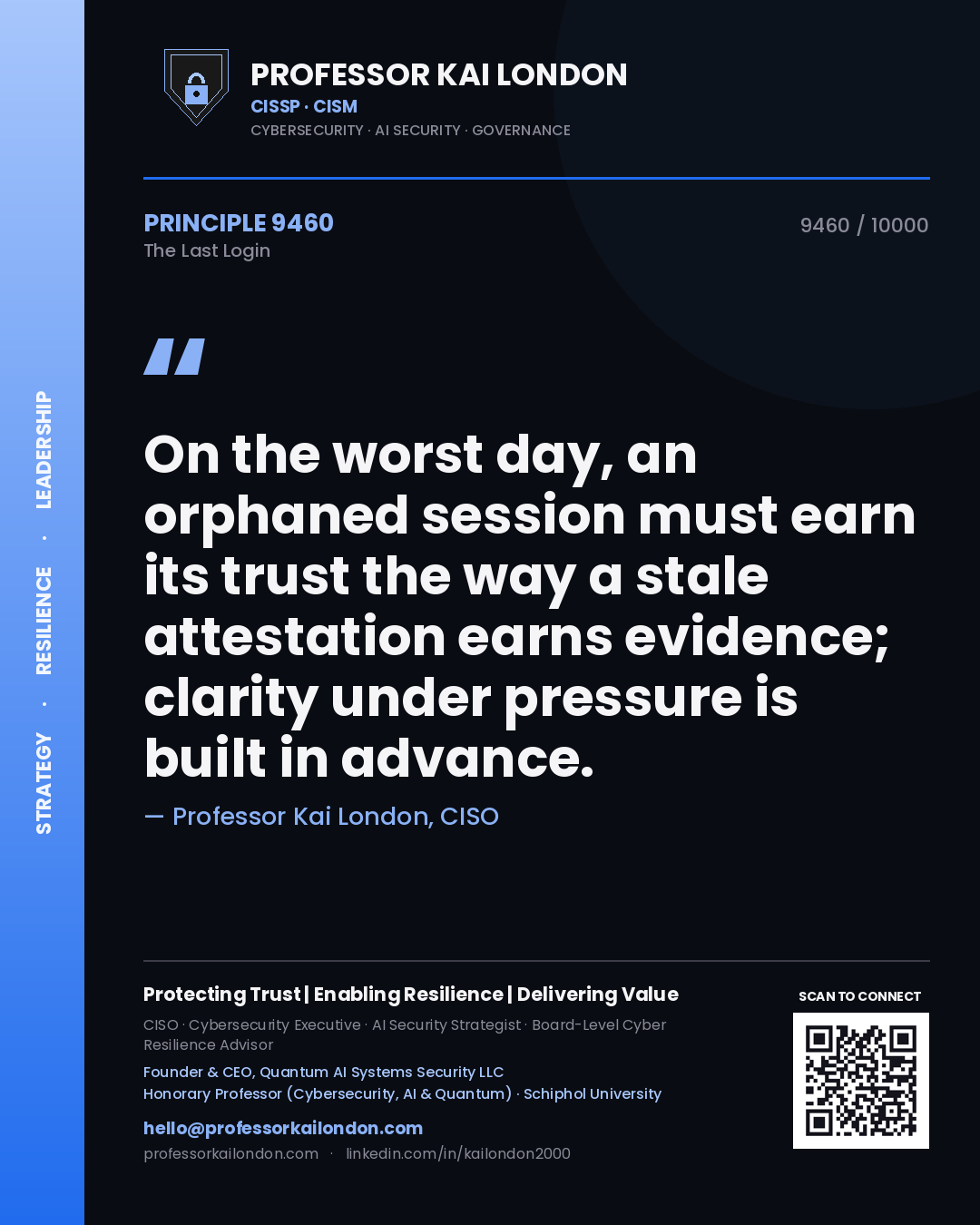 Professor Kai London principle 9460: On the worst day, an orphaned session must earn its trust the way a stale attestation earns evidence; clarity under pressure is built in advance.