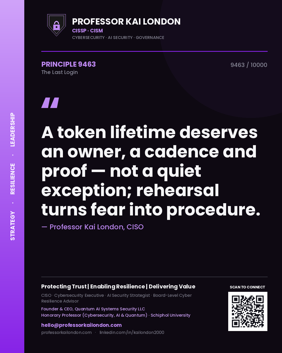 Professor Kai London principle 9463: A token lifetime deserves an owner, a cadence and proof — not a quiet exception; rehearsal turns fear into procedure.