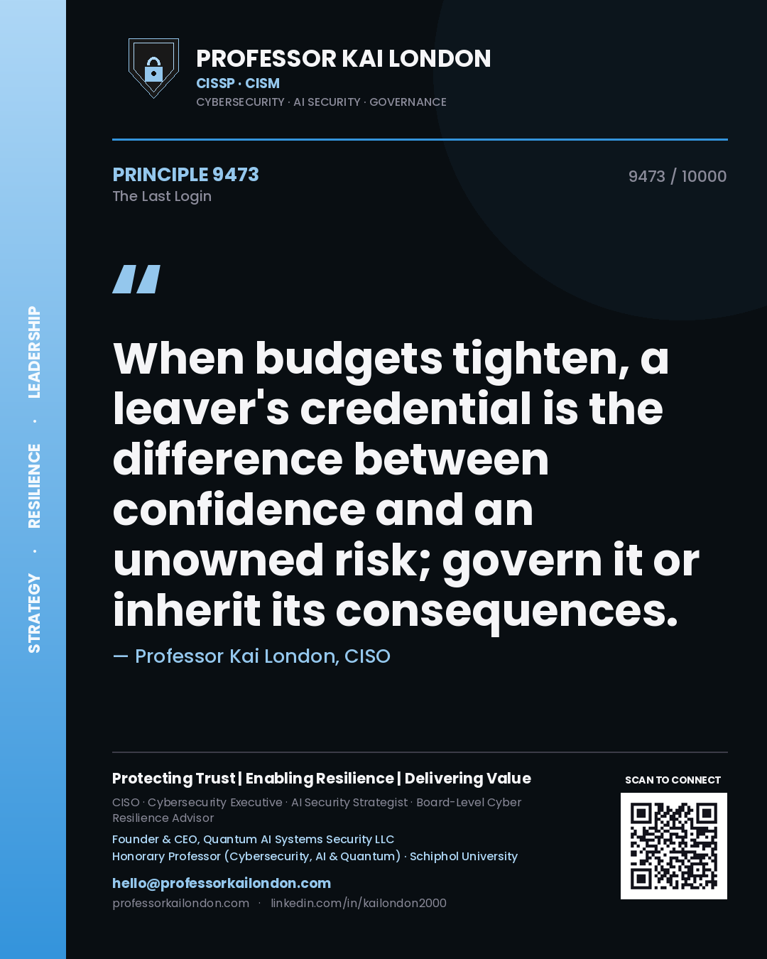Professor Kai London principle 9473: When budgets tighten, a leaver's credential is the difference between confidence and an unowned risk; govern it or inherit its consequences.