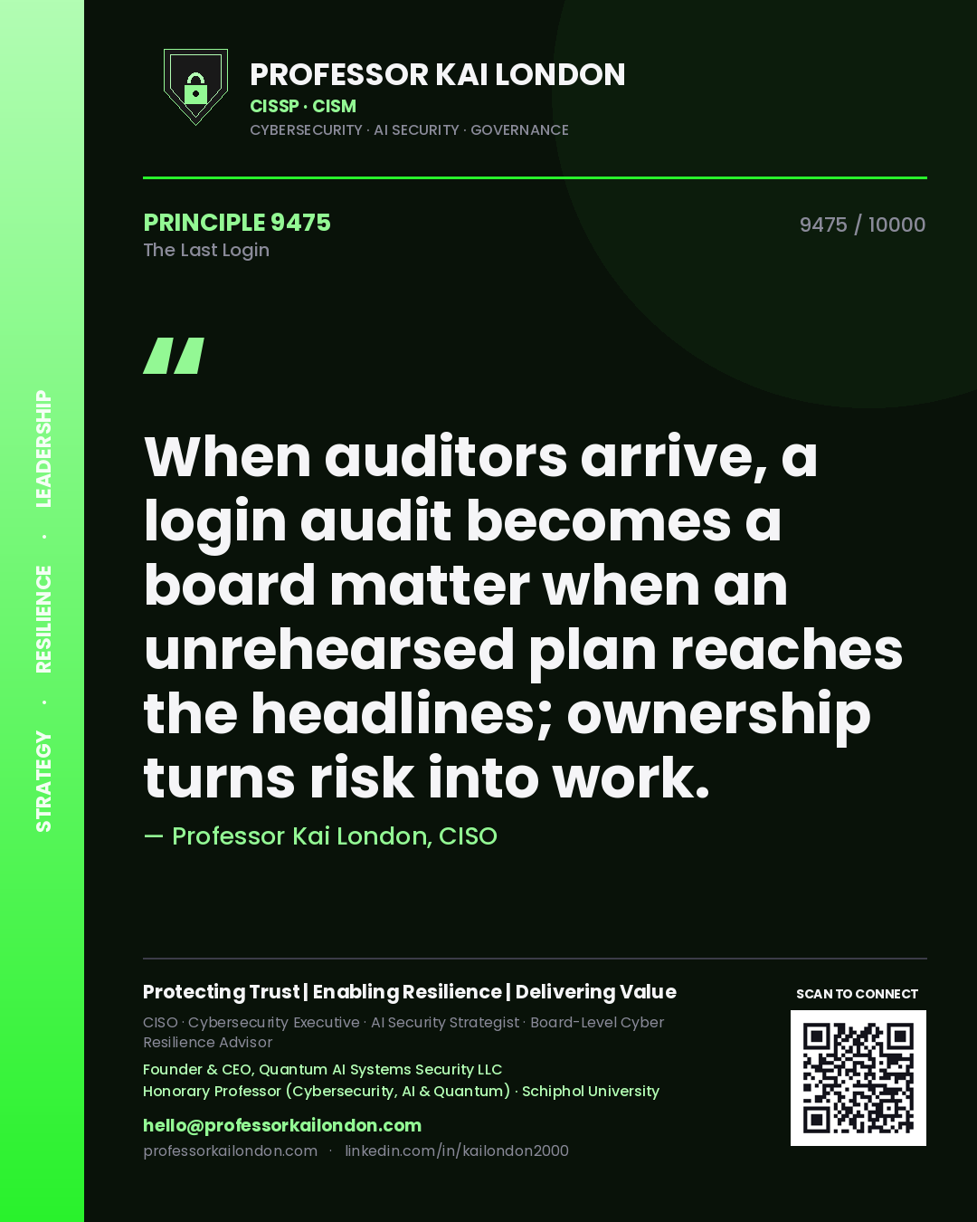 Professor Kai London principle 9475: When auditors arrive, a login audit becomes a board matter when an unrehearsed plan reaches the headlines; ownership turns risk into work.