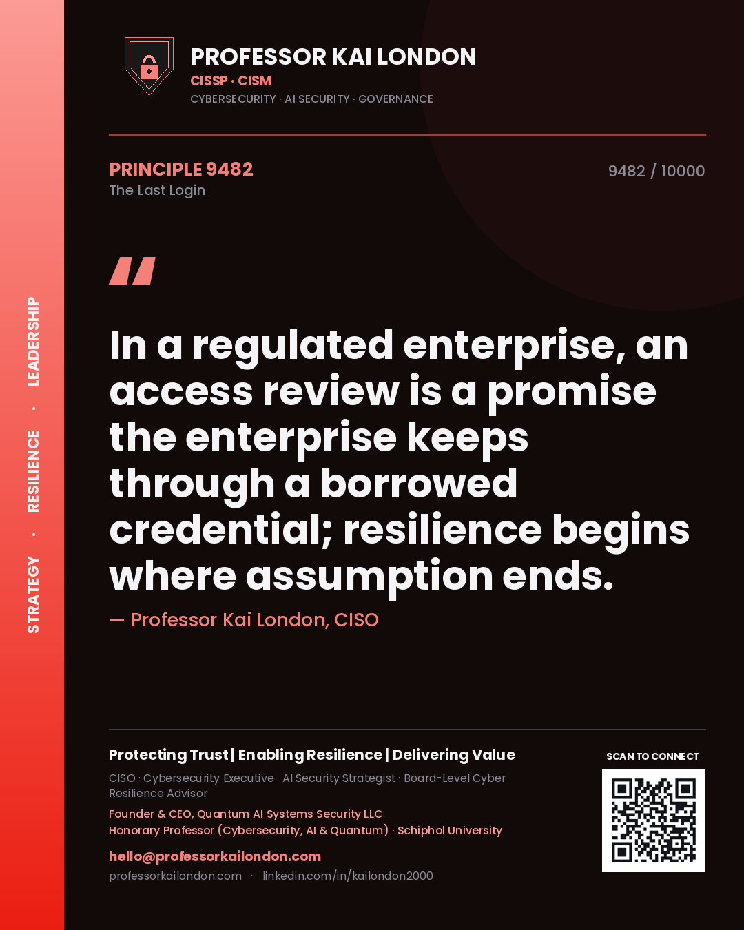 Quote card by Professor Kai London reading 'In a regulated enterprise, an access review is a promise the enterprise keeps through a borrowed credential; resilience begins where assumption ends.'. From the book The Last Login.