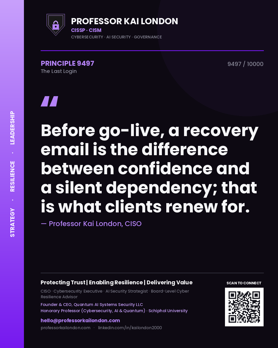 Quote card by Professor Kai London reading 'Before go-live, a recovery email is the difference between confidence and a silent dependency; that is what clients renew for.'. From the book The Last Login.