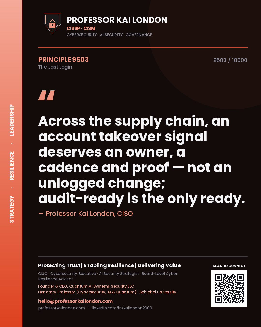 Quote card by Professor Kai London reading 'Across the supply chain, an account takeover signal deserves an owner, a cadence and proof — not an unlogged change; audit-ready is the only ready.'. From the book The Last Login.