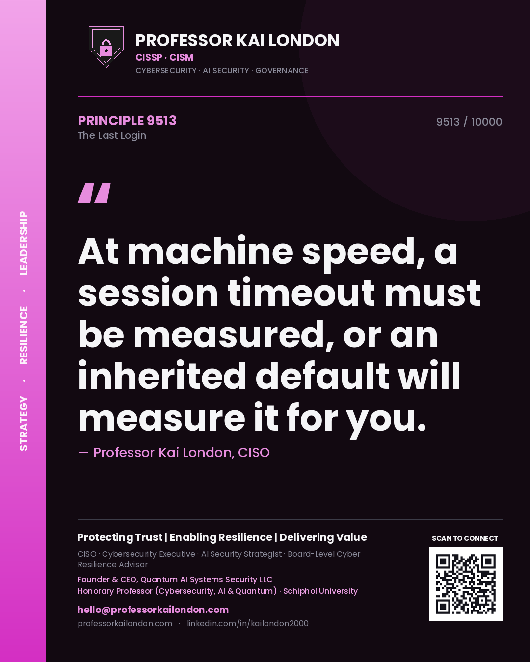 Quote card by Professor Kai London reading 'At machine speed, a session timeout must be measured, or an inherited default will measure it for you.'. From the book The Last Login.