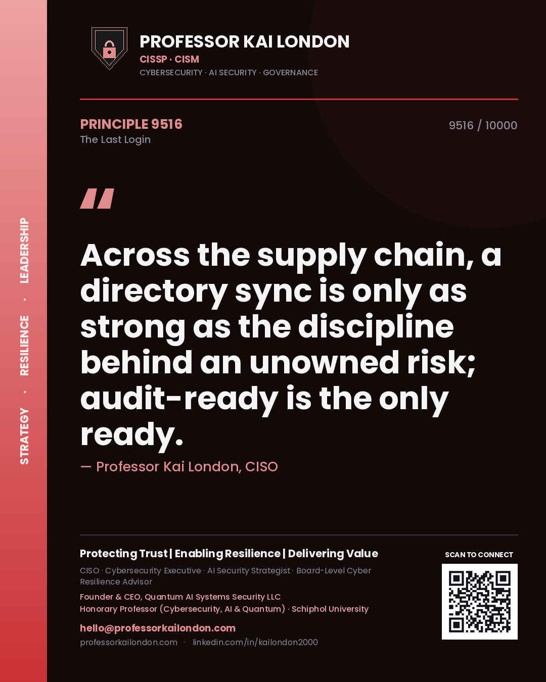 Quote card by Professor Kai London reading 'Across the supply chain, a directory sync is only as strong as the discipline behind an unowned risk; audit-ready is the only ready.'. From the book The Last Login.