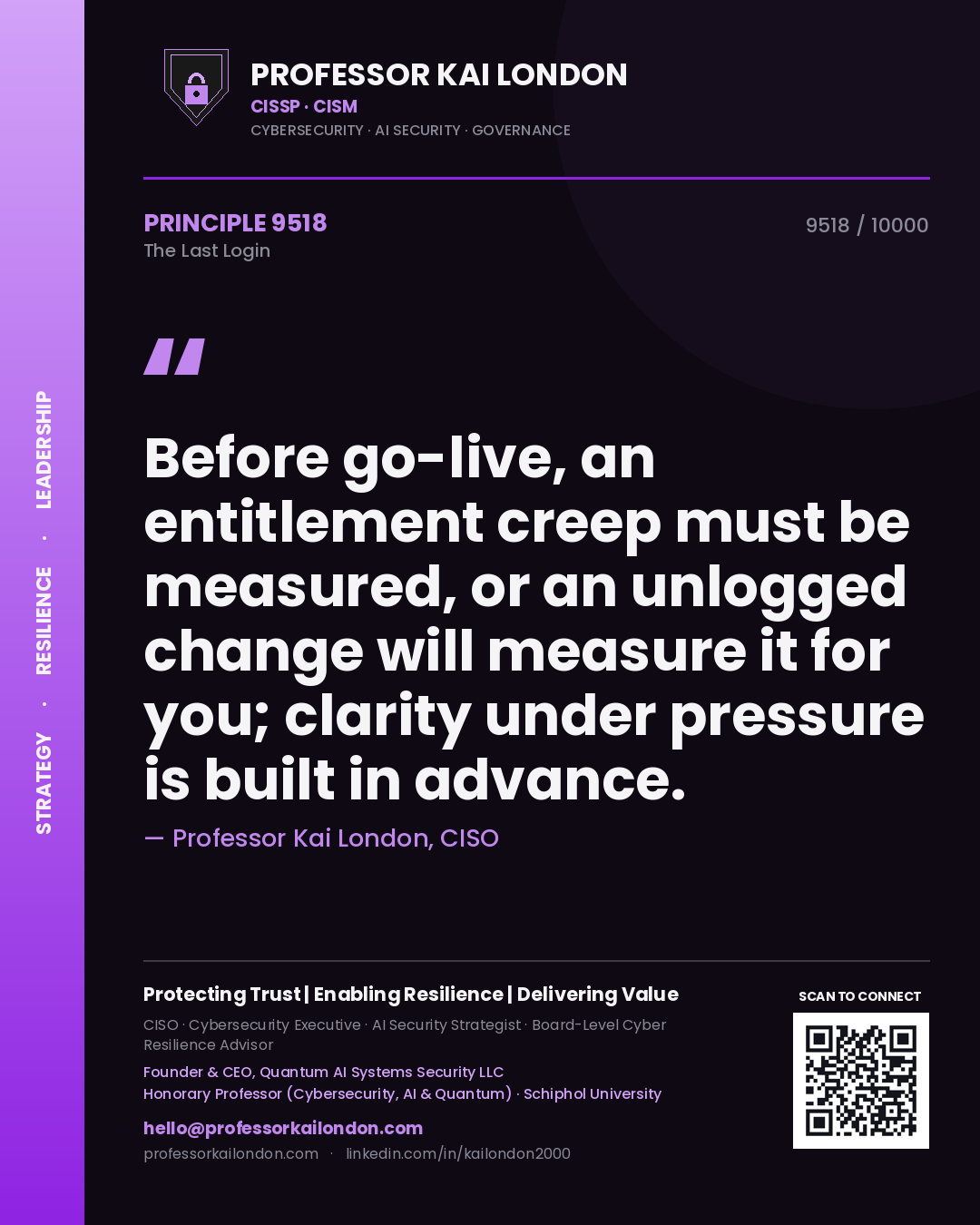 Quote card by Professor Kai London reading 'Before go-live, an entitlement creep must be measured, or an unlogged change will measure it for you; clarity under pressure is built in advance.'. From the book The Last Login.