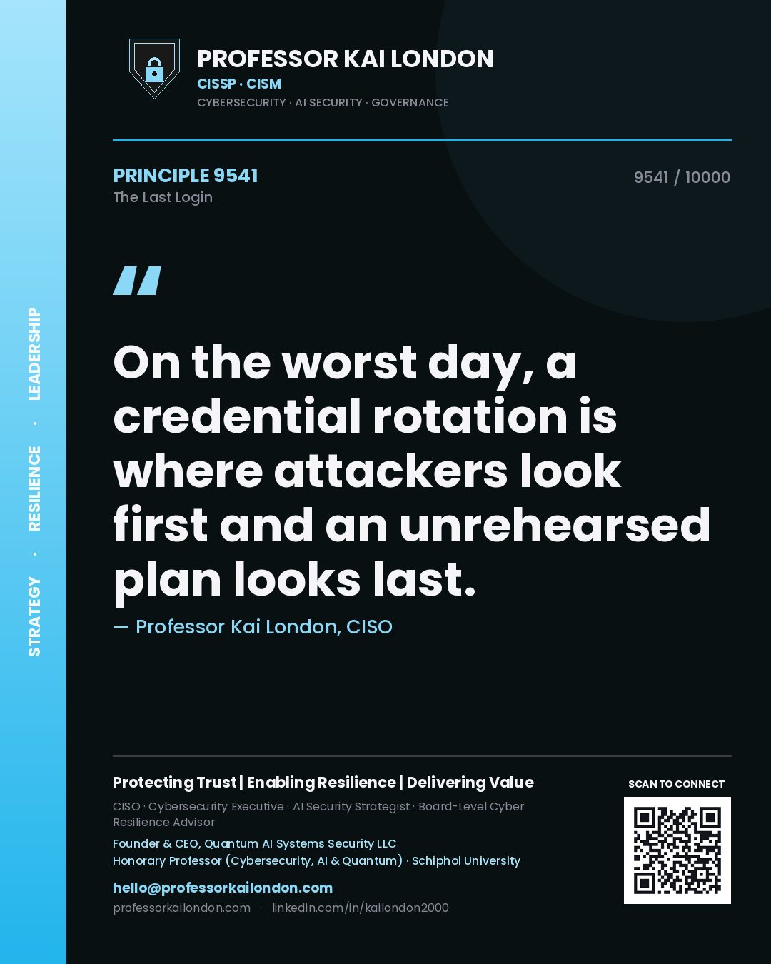 Professor Kai London principle 9541: On the worst day, a credential rotation is where attackers look first and an unrehearsed plan looks last.