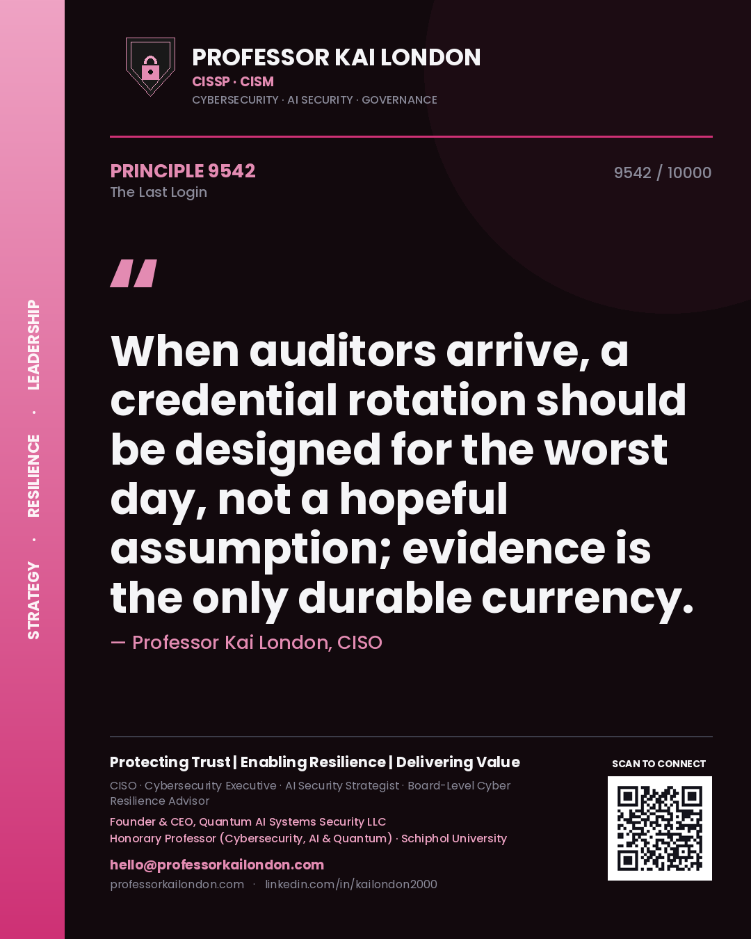 Professor Kai London principle 9542: When auditors arrive, a credential rotation should be designed for the worst day, not a hopeful assumption; evidence is the only durable currency.