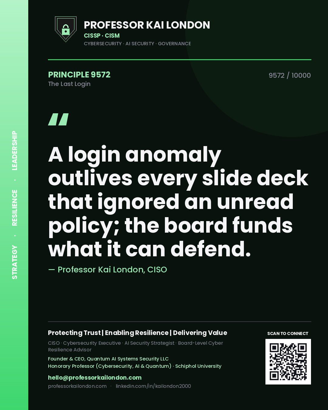 Quote card by Professor Kai London reading 'A login anomaly outlives every slide deck that ignored an unread policy; the board funds what it can defend.'. From the book The Last Login.