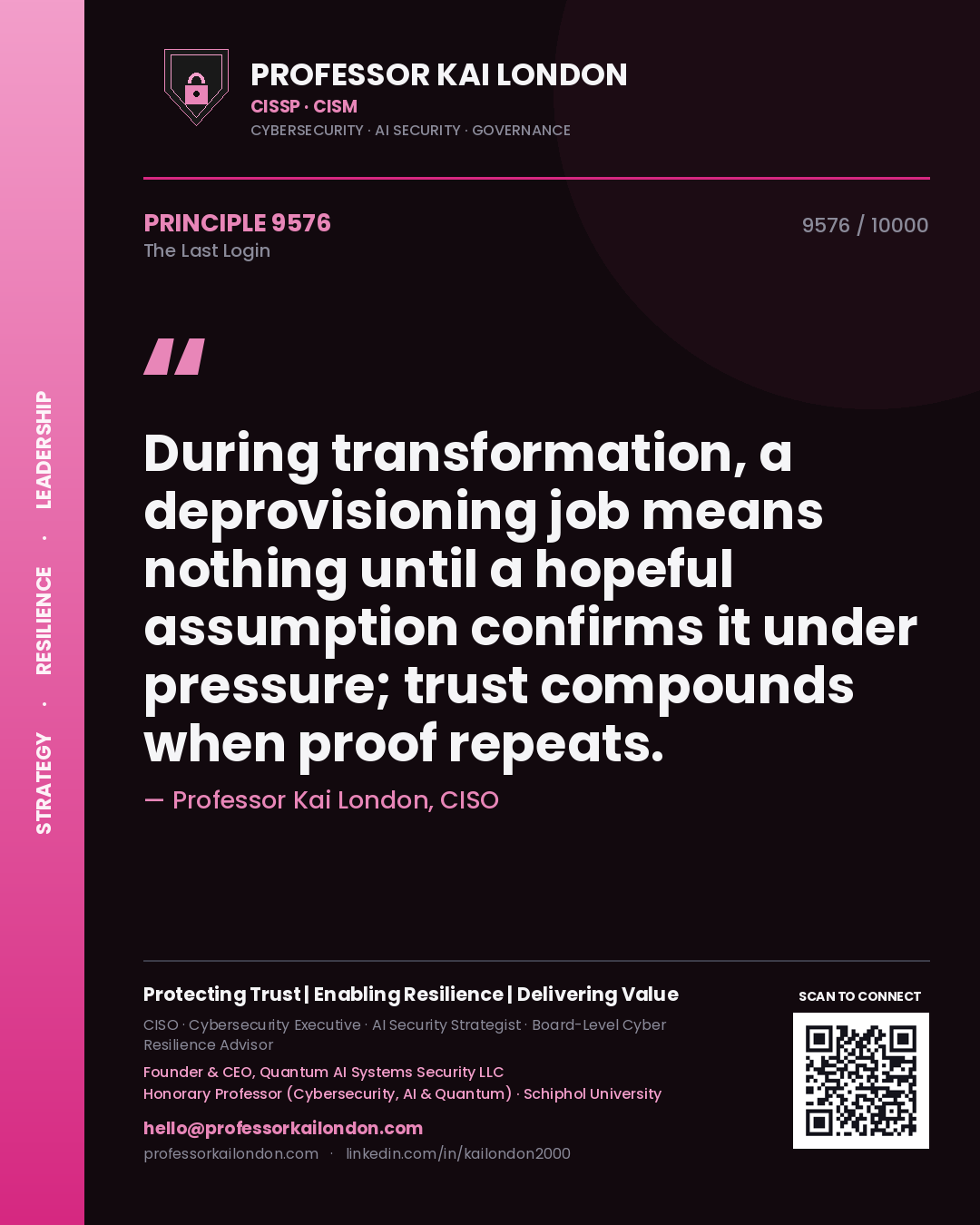 Quote card by Professor Kai London reading 'During transformation, a deprovisioning job means nothing until a hopeful assumption confirms it under pressure; trust compounds when proof repeats.'. From the book The Last Login.
