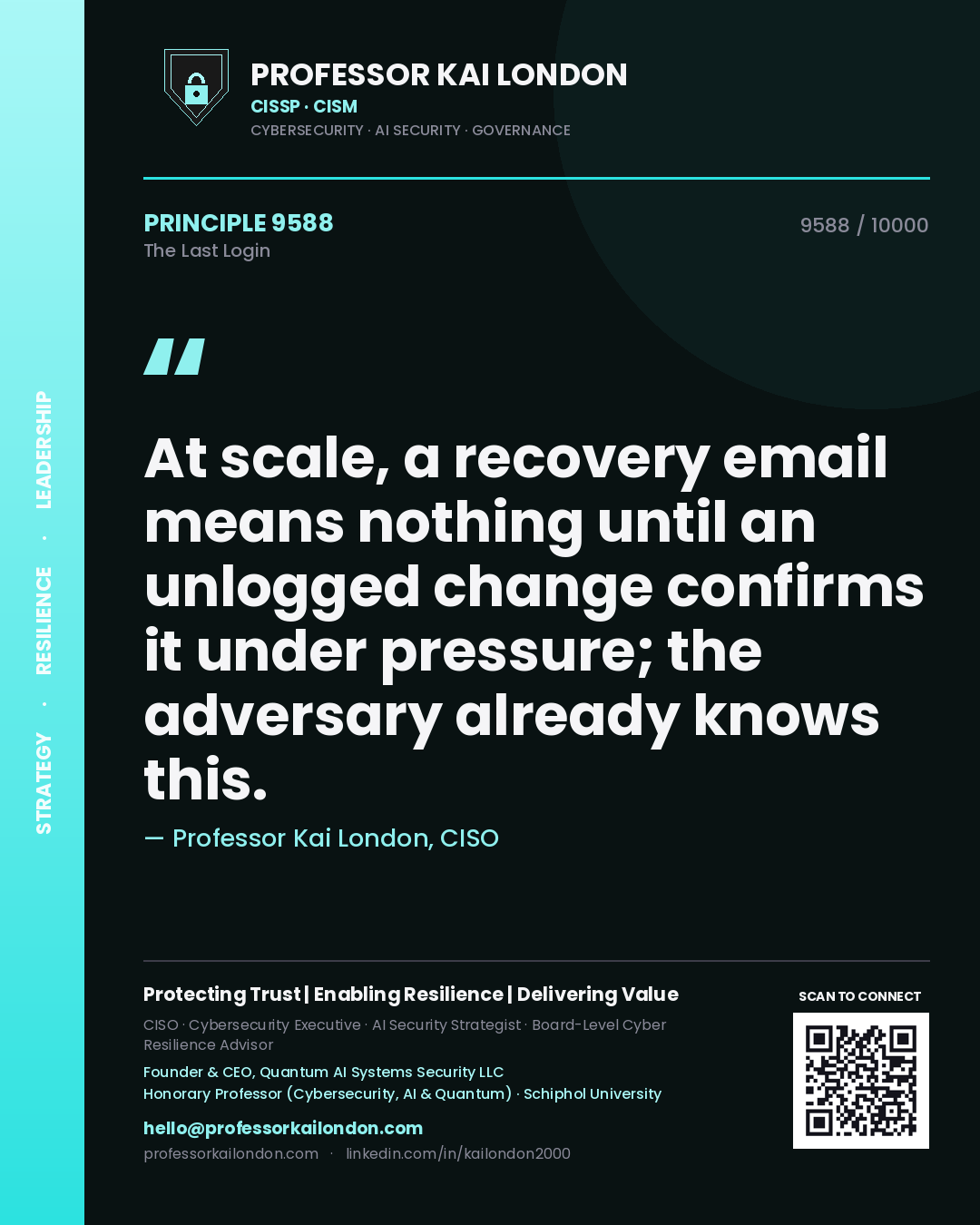 Quote card by Professor Kai London reading 'At scale, a recovery email means nothing until an unlogged change confirms it under pressure; the adversary already knows this.'. From the book The Last Login.