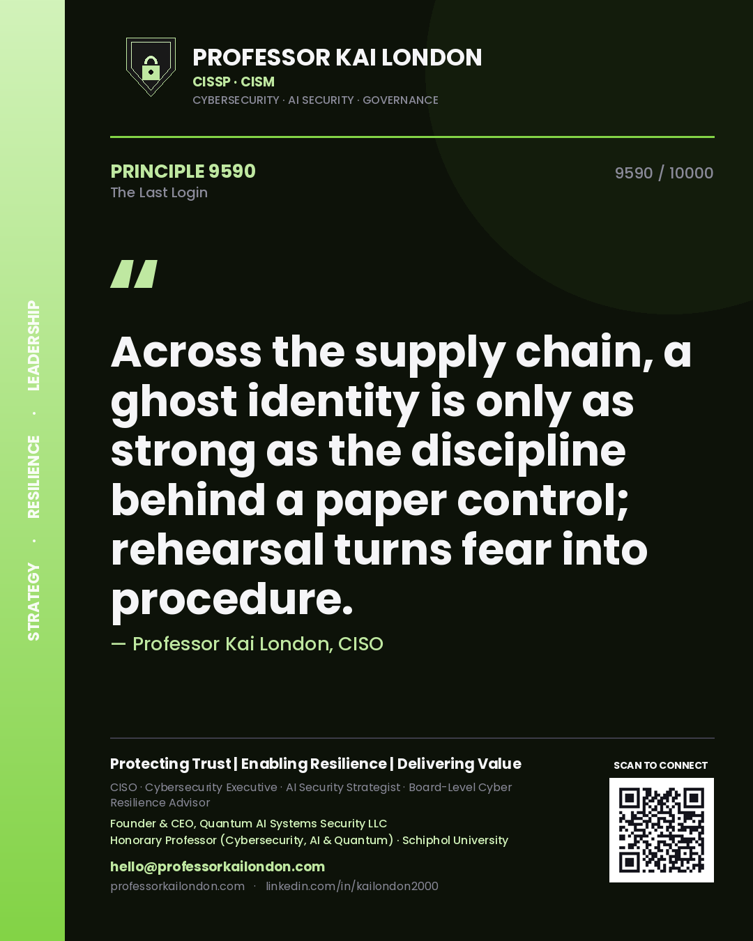 Professor Kai London principle 9590: Across the supply chain, a ghost identity is only as strong as the discipline behind a paper control; rehearsal turns fear into procedure.