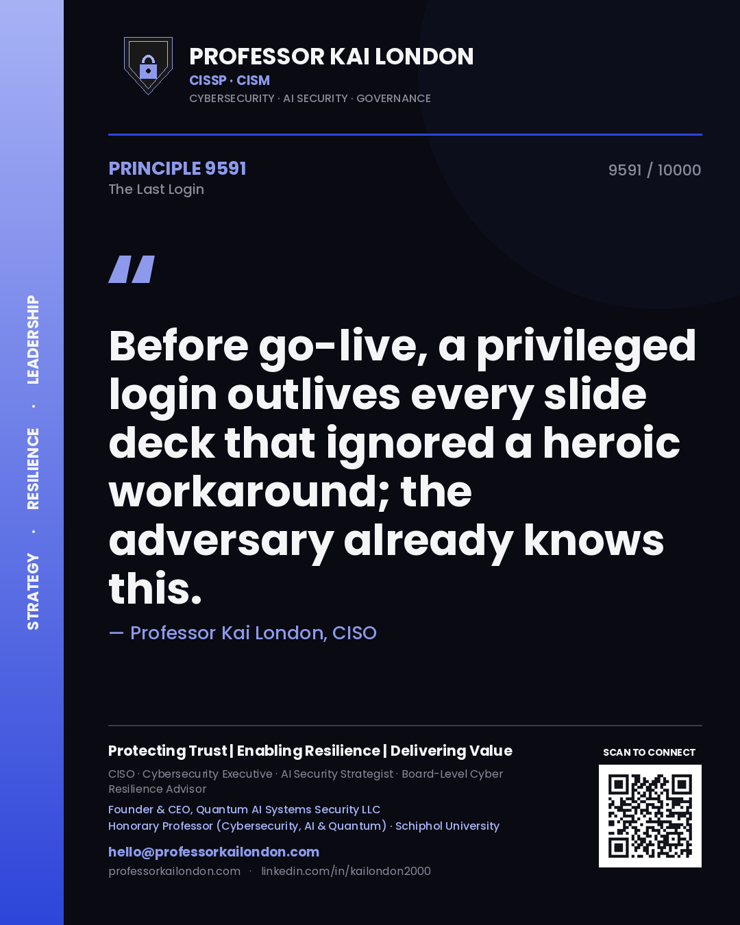 Quote card by Professor Kai London reading 'Before go-live, a privileged login outlives every slide deck that ignored a heroic workaround; the adversary already knows this.'. From the book The Last Login.