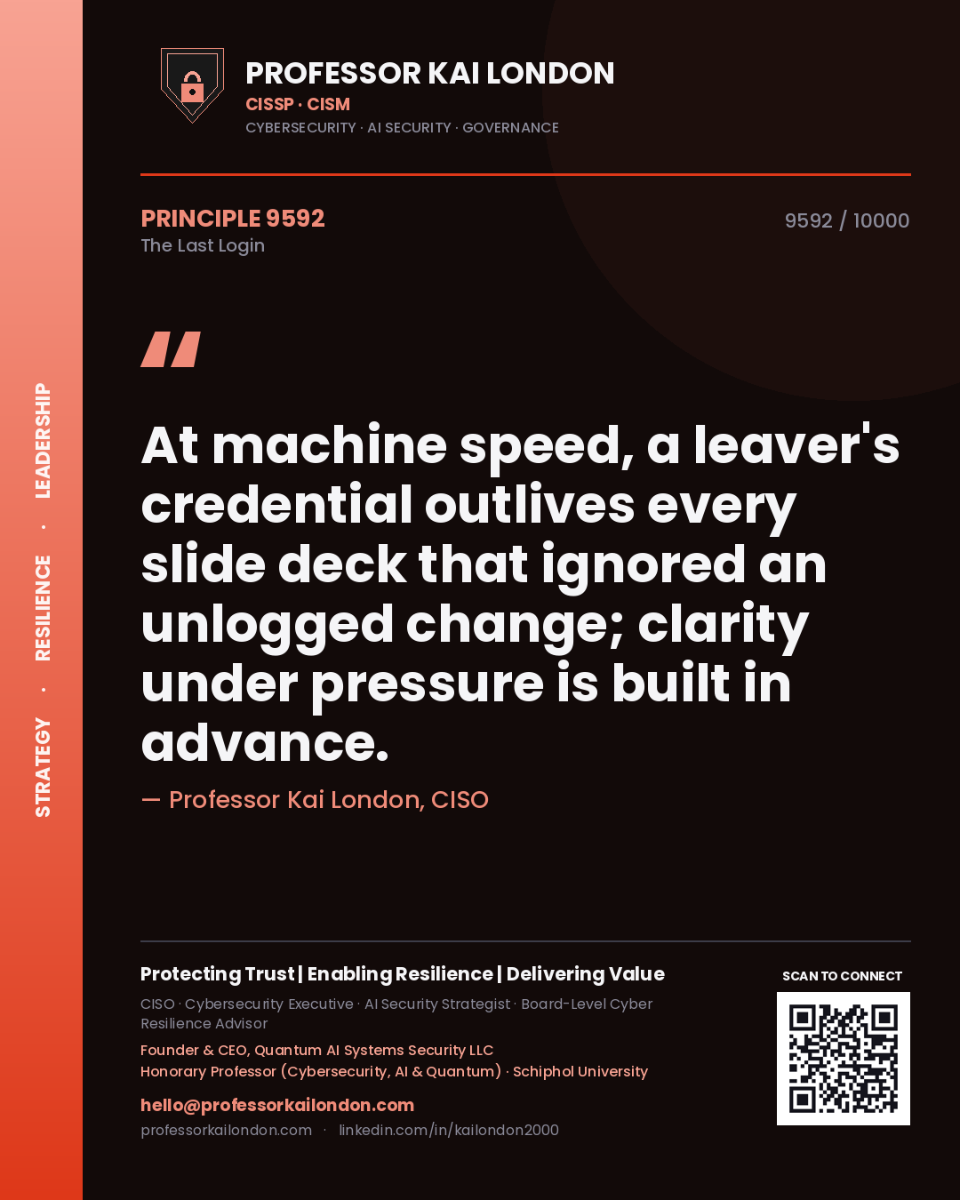 Professor Kai London principle 9592: At machine speed, a leaver's credential outlives every slide deck that ignored an unlogged change; clarity under pressure is built in advance.