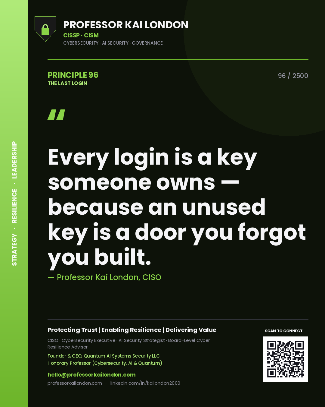 Professor Kai London principle 96: Every login is a key someone owns — because an unused key is a door you forgot you built.