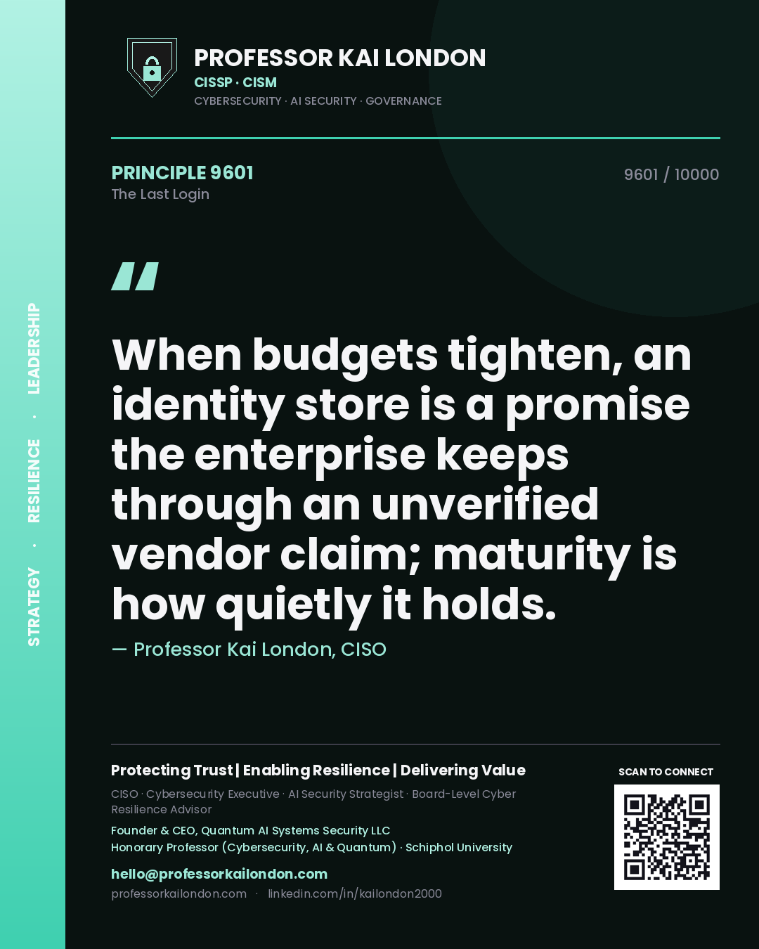 Professor Kai London principle 9601: When budgets tighten, an identity store is a promise the enterprise keeps through an unverified vendor claim; maturity is how quietly it holds.