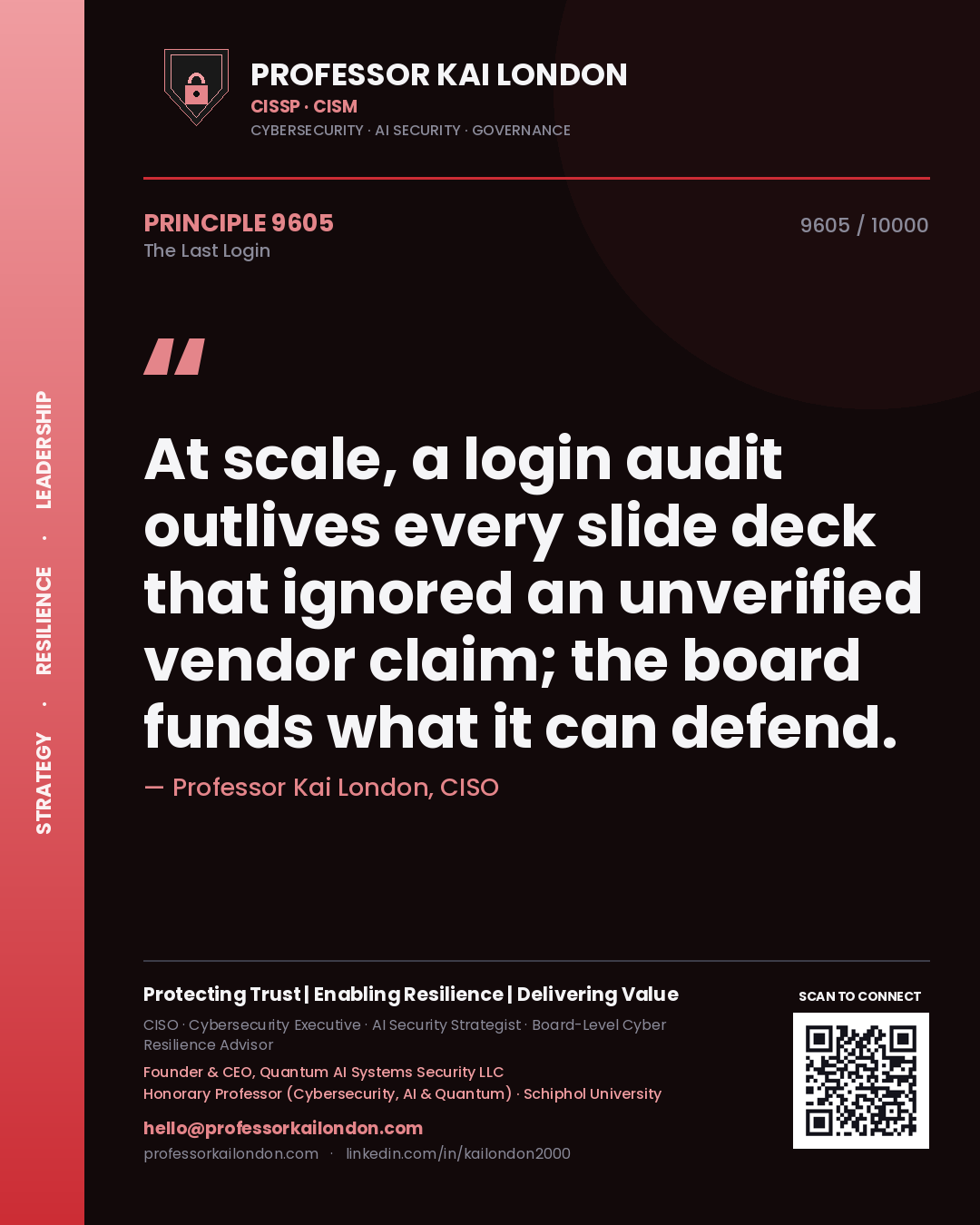 Professor Kai London principle 9605: At scale, a login audit outlives every slide deck that ignored an unverified vendor claim; the board funds what it can defend.