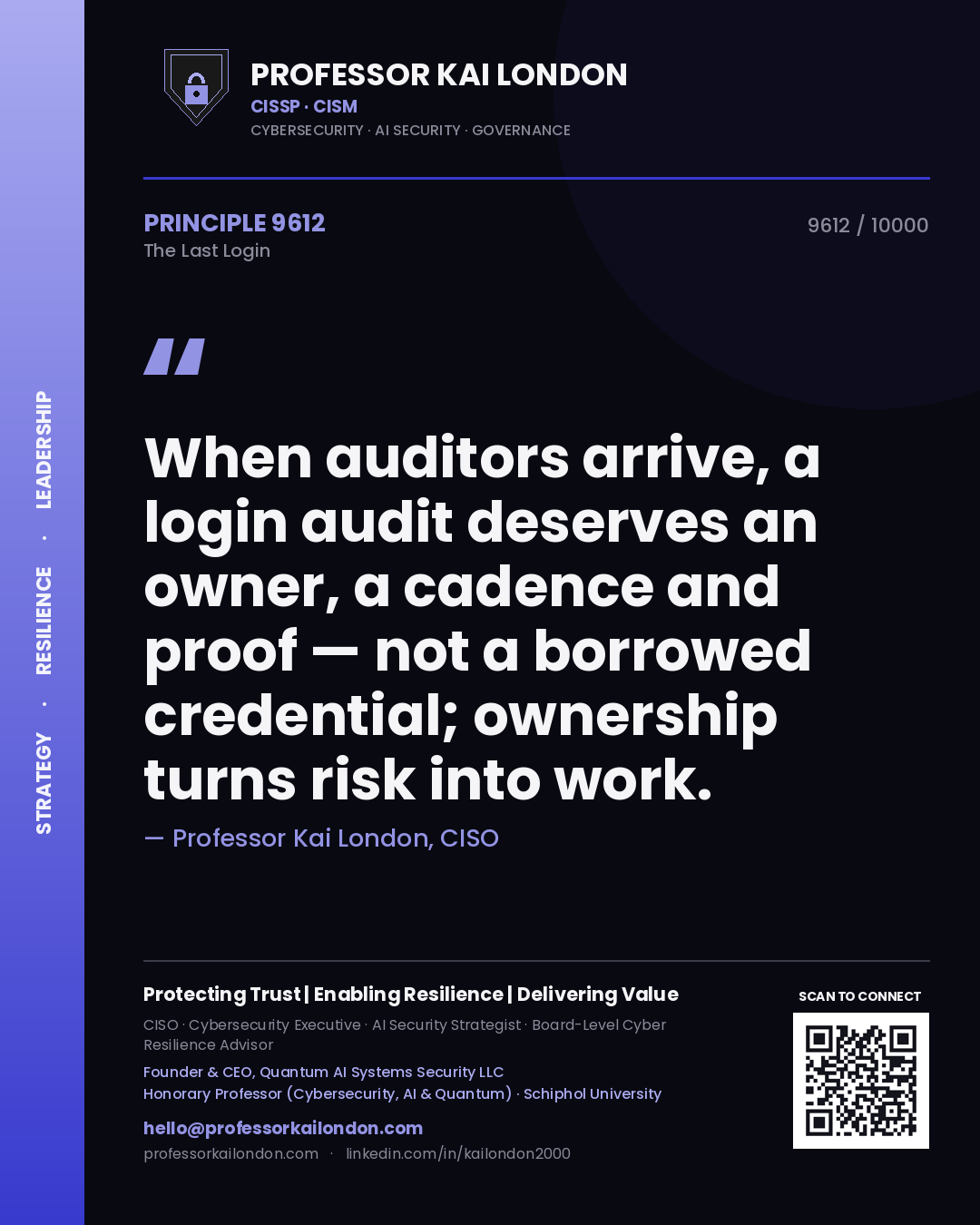 Professor Kai London principle 9612: When auditors arrive, a login audit deserves an owner, a cadence and proof — not a borrowed credential; ownership turns risk into work.