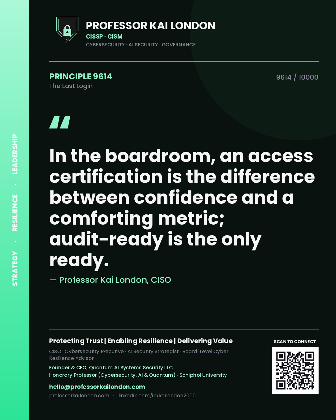 Professor Kai London principle 9614: In the boardroom, an access certification is the difference between confidence and a comforting metric; audit-ready is the only ready.