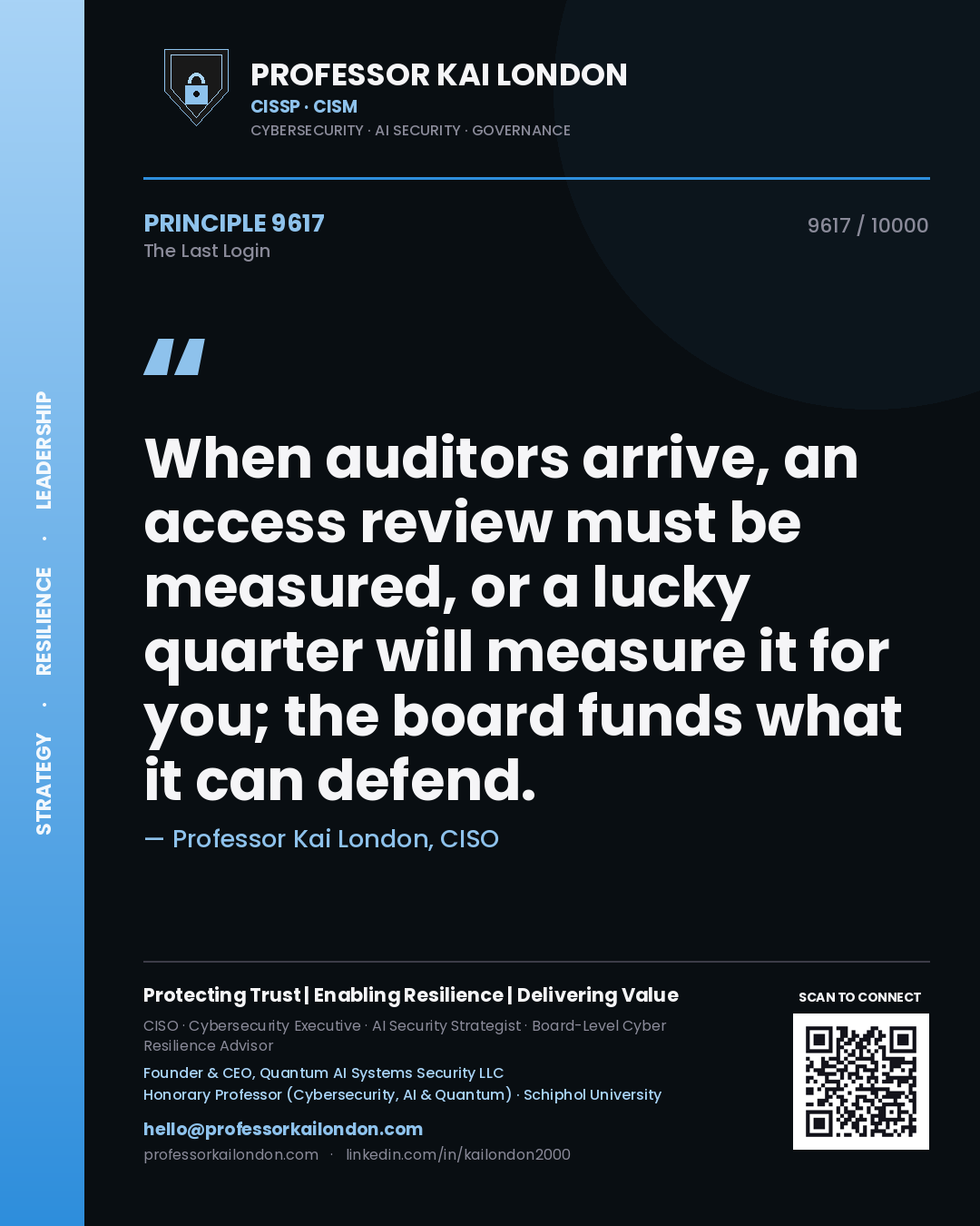 Quote card by Professor Kai London reading 'When auditors arrive, an access review must be measured, or a lucky quarter will measure it for you; the board funds what it can defend.'. From the book The Last Login.