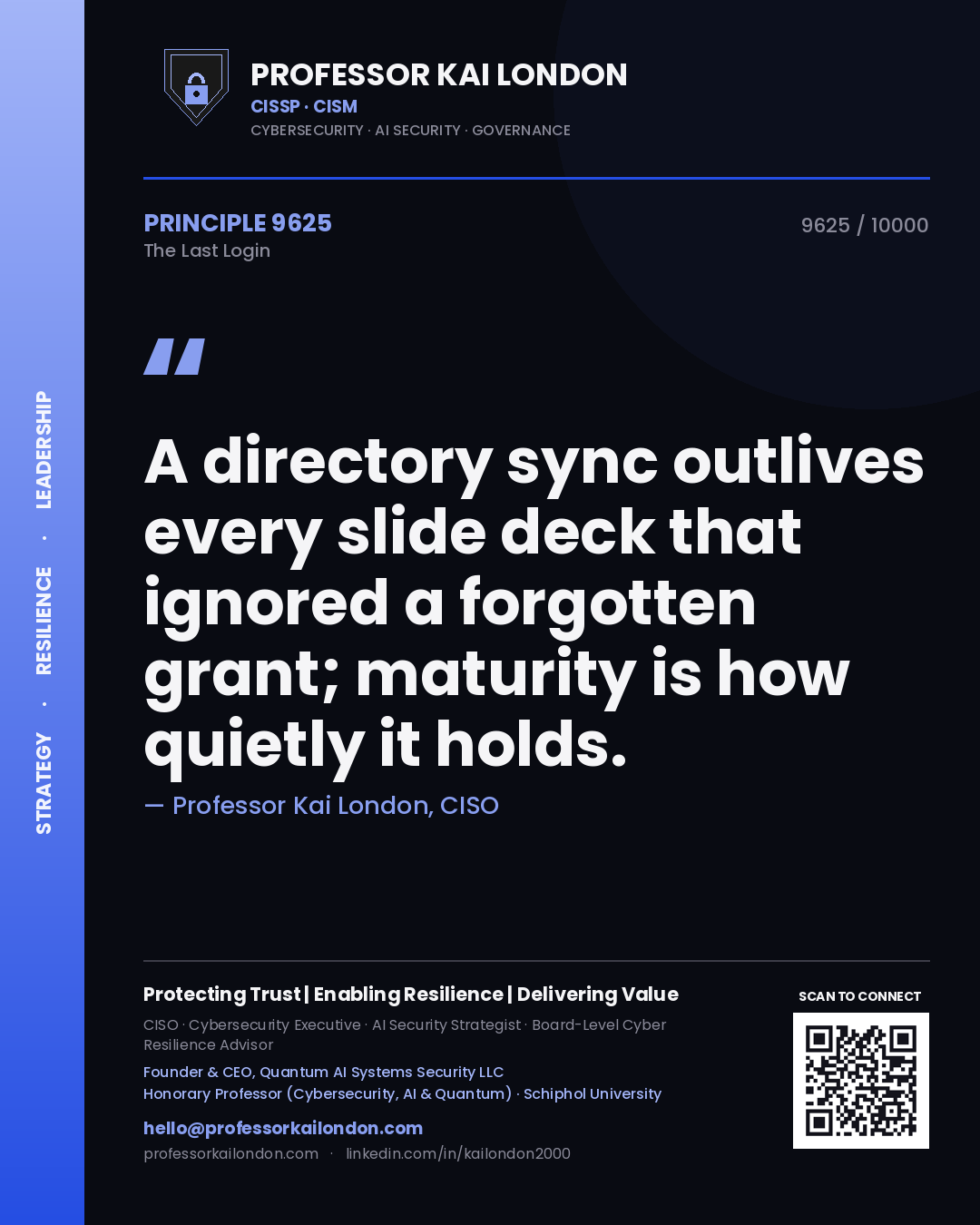 Quote card by Professor Kai London reading 'A directory sync outlives every slide deck that ignored a forgotten grant; maturity is how quietly it holds.'. From the book The Last Login.