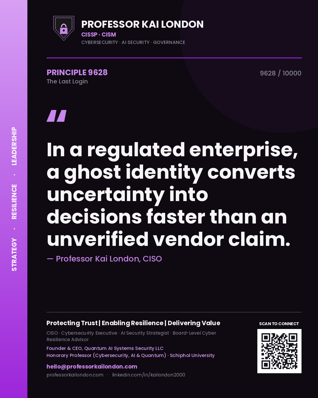Quote card by Professor Kai London reading 'In a regulated enterprise, a ghost identity converts uncertainty into decisions faster than an unverified vendor claim.'. From the book The Last Login.