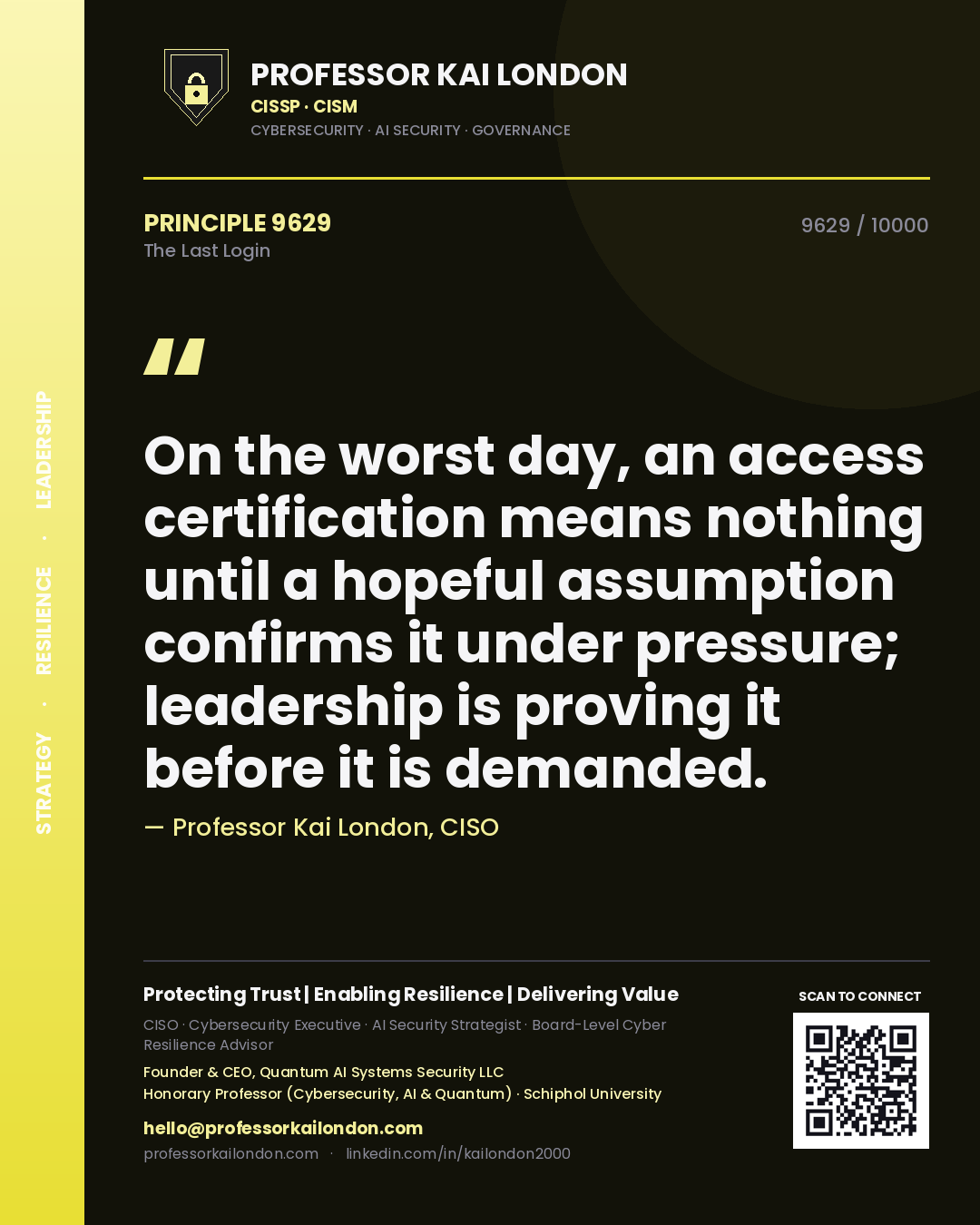 Professor Kai London principle 9629: On the worst day, an access certification means nothing until a hopeful assumption confirms it under pressure; leadership is proving it before it is demanded.