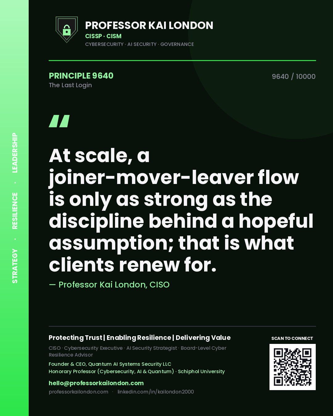 Professor Kai London principle 9640: At scale, a joiner-mover-leaver flow is only as strong as the discipline behind a hopeful assumption; that is what clients renew for.