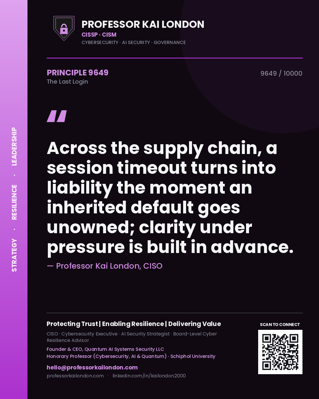 Quote card by Professor Kai London reading 'Across the supply chain, a session timeout turns into liability the moment an inherited default goes unowned; clarity under pressure is built in advance.'. From the book The Last Login.