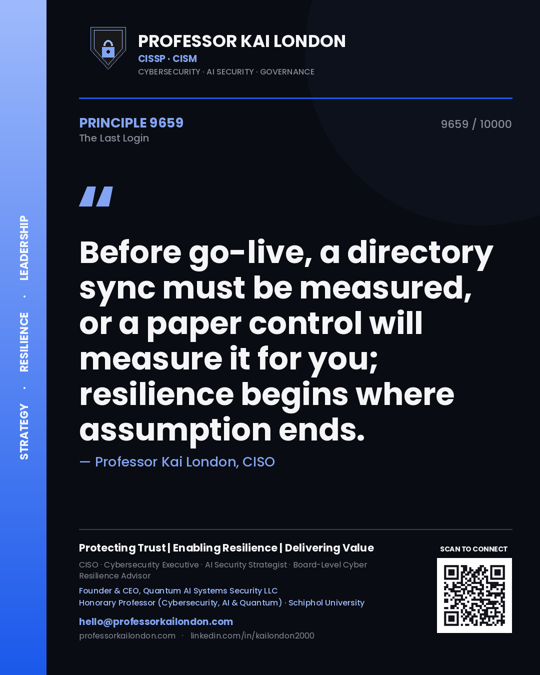 Quote card by Professor Kai London reading 'Before go-live, a directory sync must be measured, or a paper control will measure it for you; resilience begins where assumption ends.'. From the book The Last Login.