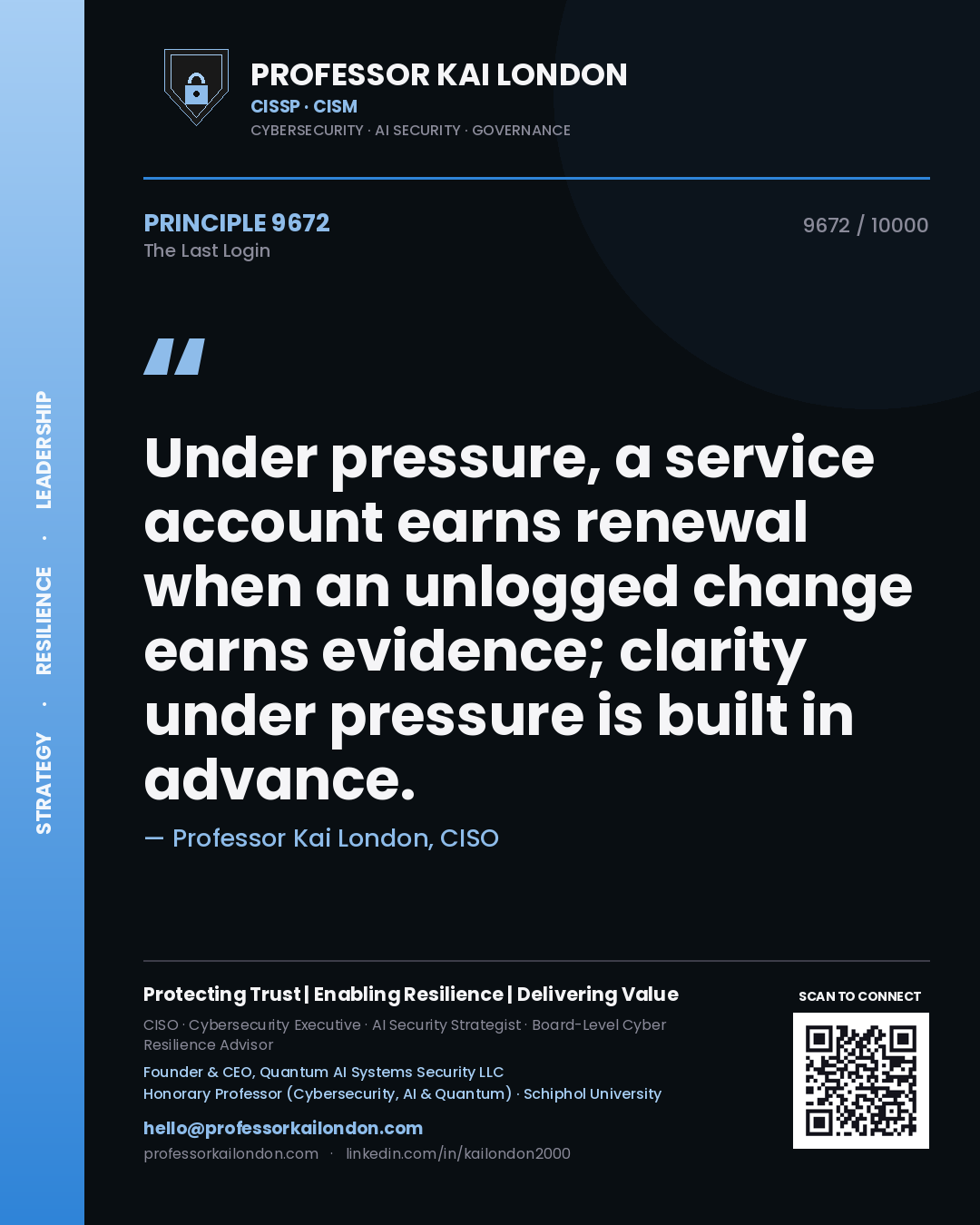 Professor Kai London principle 9672: Under pressure, a service account earns renewal when an unlogged change earns evidence; clarity under pressure is built in advance.