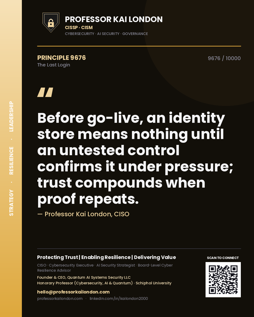 Professor Kai London principle 9676: Before go-live, an identity store means nothing until an untested control confirms it under pressure; trust compounds when proof repeats.