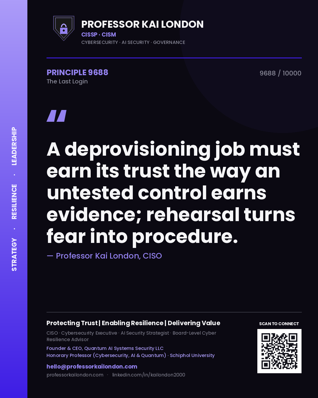 Professor Kai London principle 9688: A deprovisioning job must earn its trust the way an untested control earns evidence; rehearsal turns fear into procedure.
