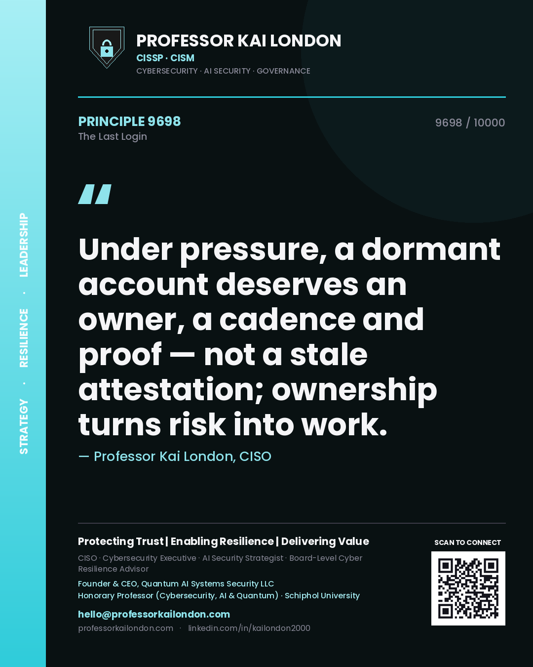Quote card by Professor Kai London reading 'Under pressure, a dormant account deserves an owner, a cadence and proof — not a stale attestation; ownership turns risk into work.'. From the book The Last Login.