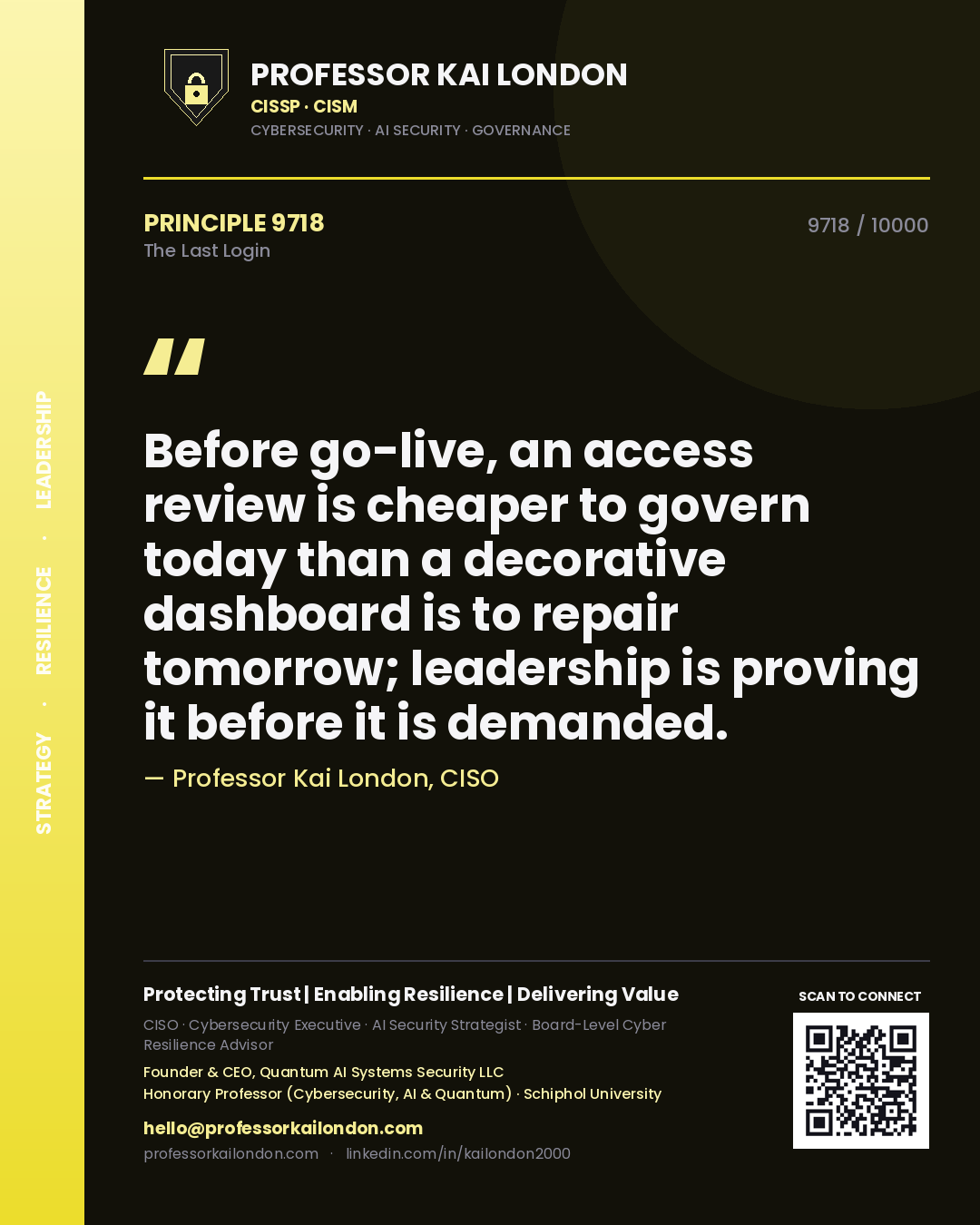 Professor Kai London principle 9718: Before go-live, an access review is cheaper to govern today than a decorative dashboard is to repair tomorrow; leadership is proving it before it is demanded.