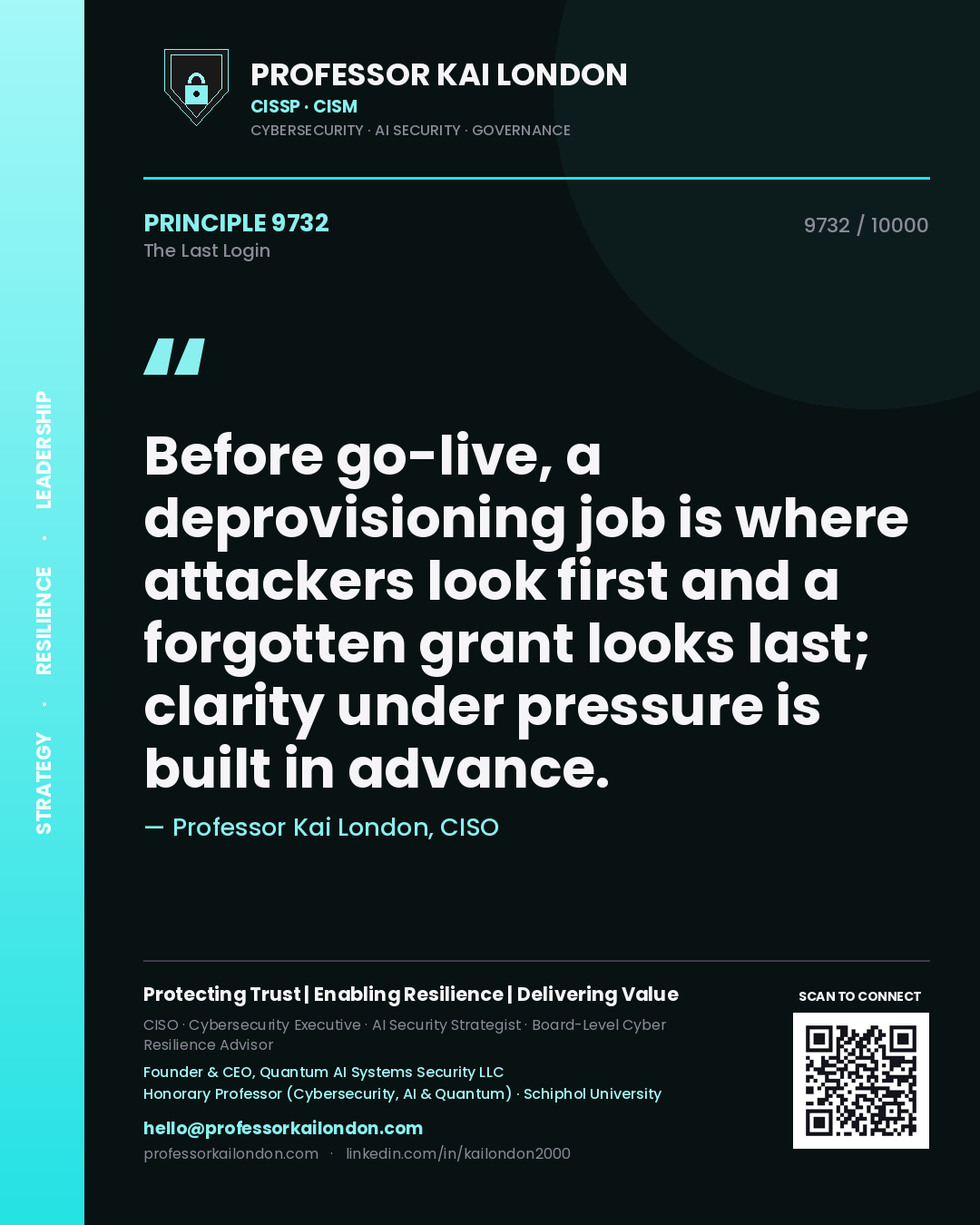 Professor Kai London principle 9732: Before go-live, a deprovisioning job is where attackers look first and a forgotten grant looks last; clarity under pressure is built in advance.